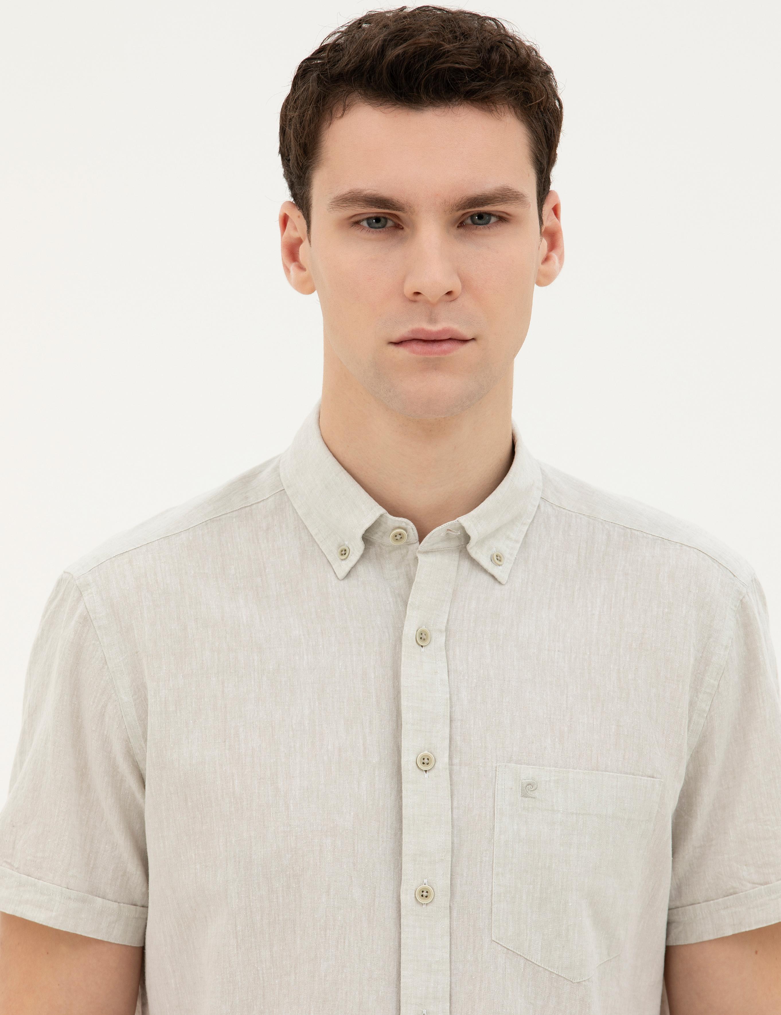 Yeşil Keten Karışımlı Regular Fit Kısa Kollu Gömlek