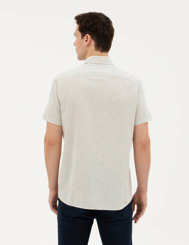 Yeşil Keten Karışımlı Regular Fit Kısa Kollu Gömlek