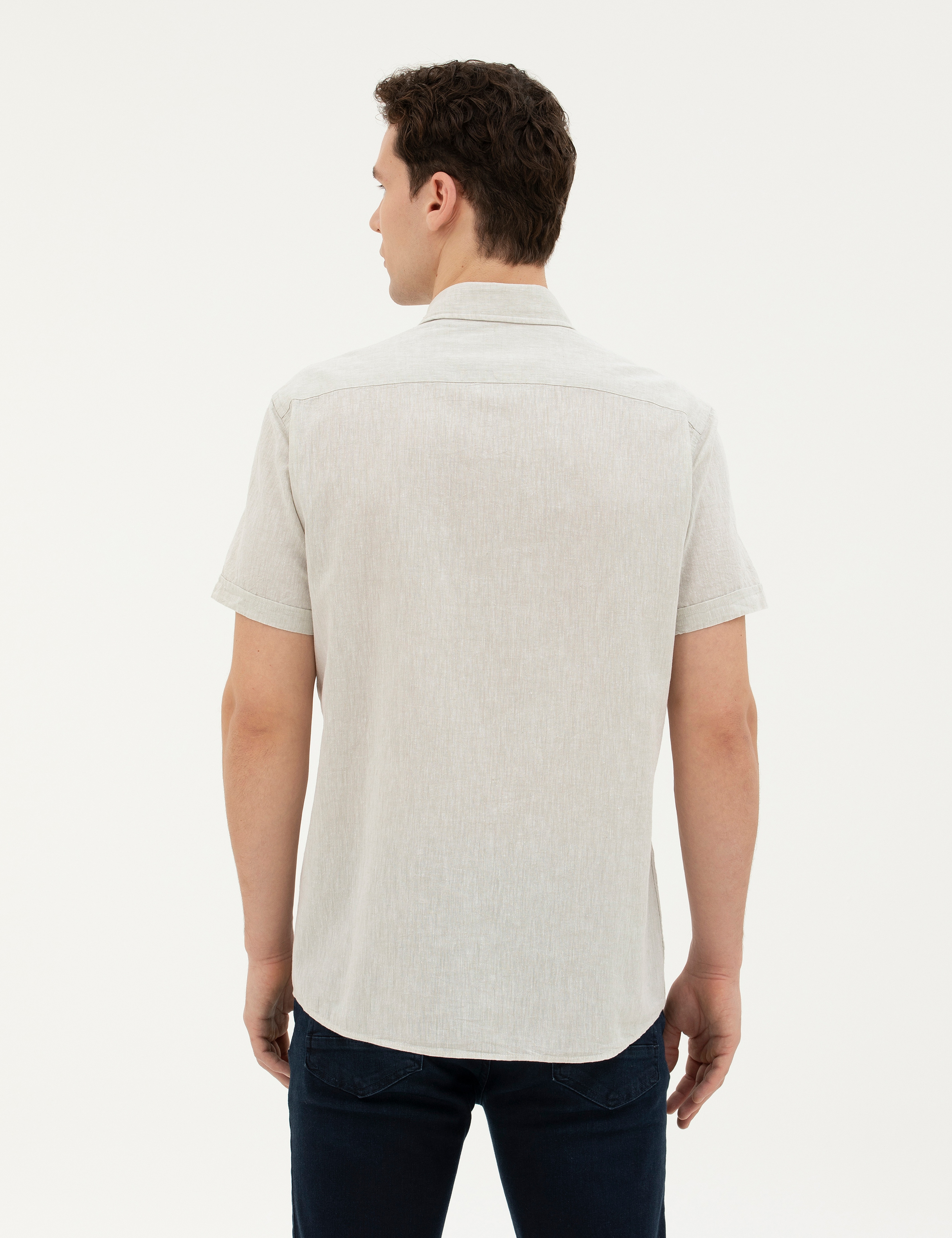 Yeşil Keten Karışımlı Regular Fit Kısa Kollu Gömlek - Image 5