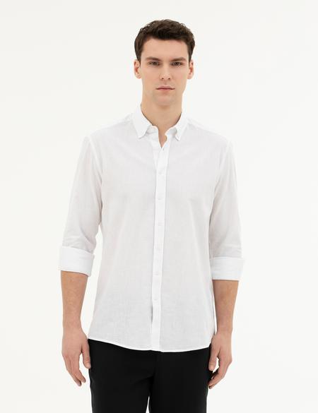 Beyaz Keten Karışımlı Regular Fit Uzun Kollu Gömlek - 50284168135