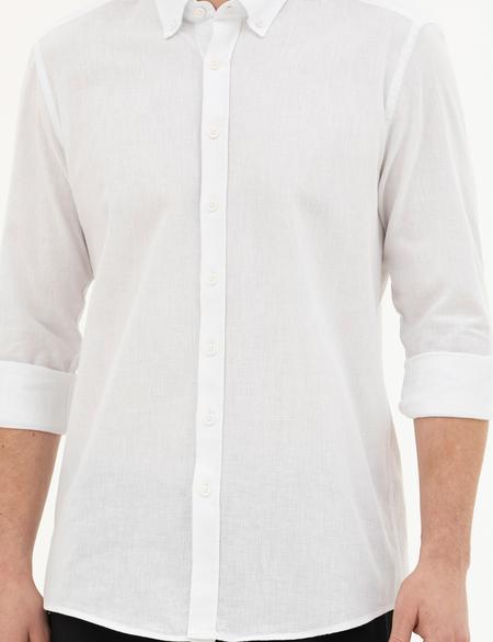 Beyaz Keten Karışımlı Regular Fit Uzun Kollu Gömlek - 50284168135