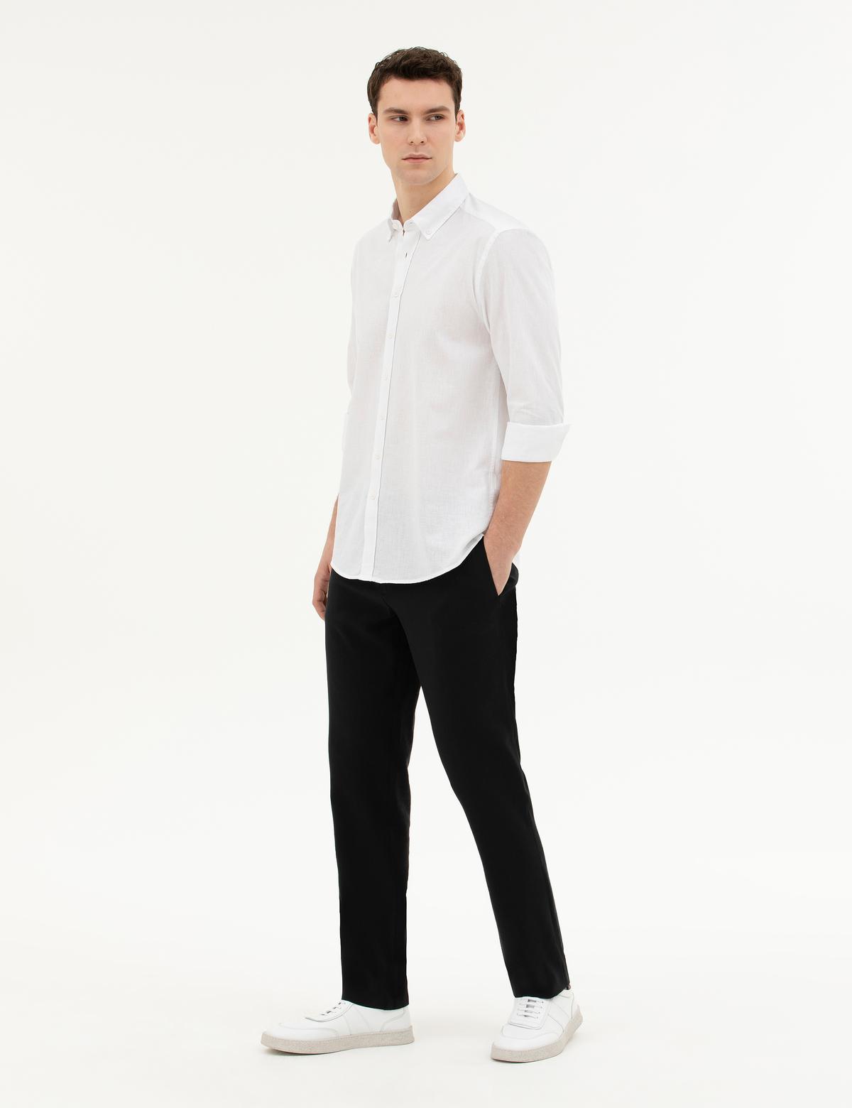 Beyaz Keten Karışımlı Regular Fit Uzun Kollu Gömlek - 50284168135