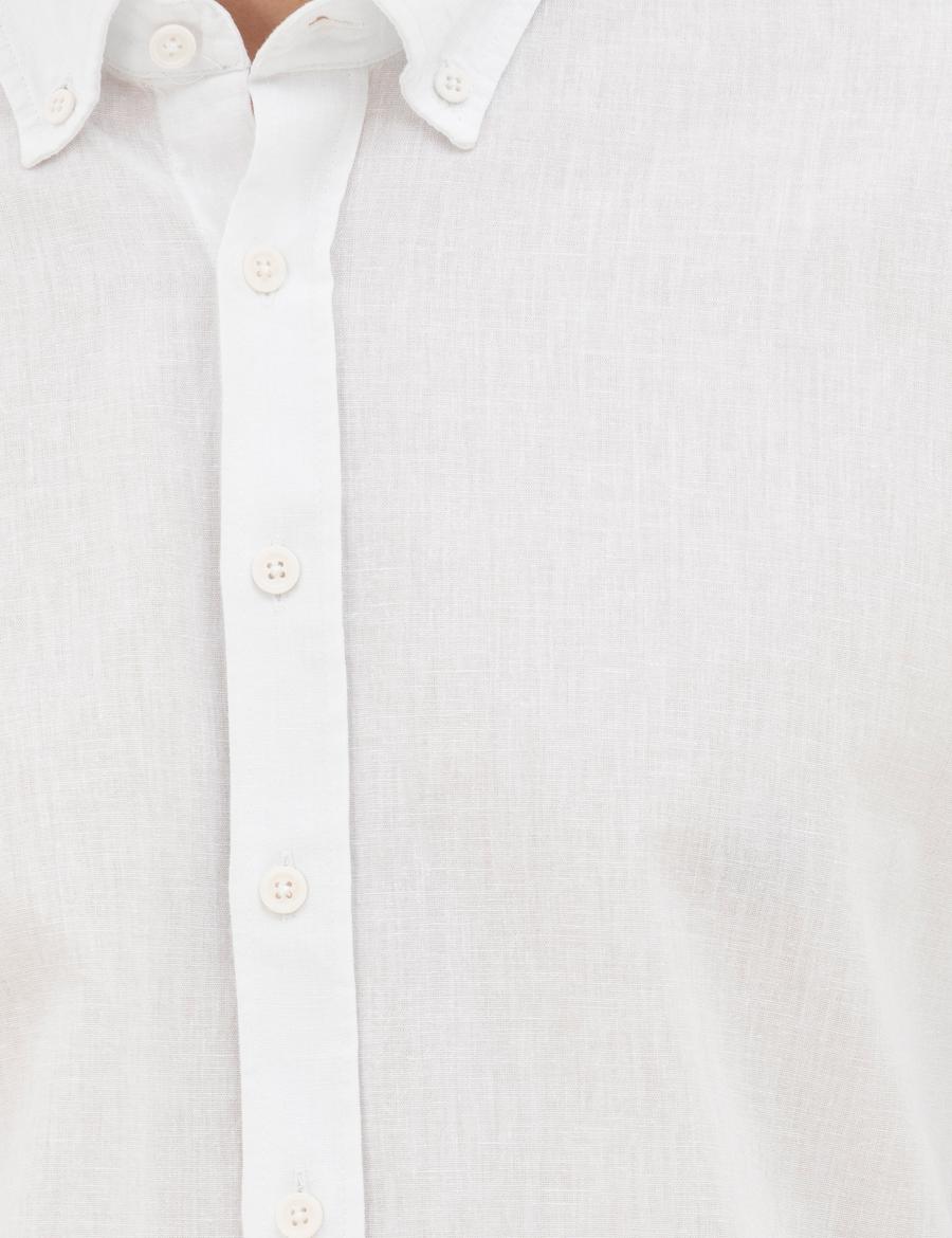 Beyaz Keten Karışımlı Regular Fit Uzun Kollu Gömlek