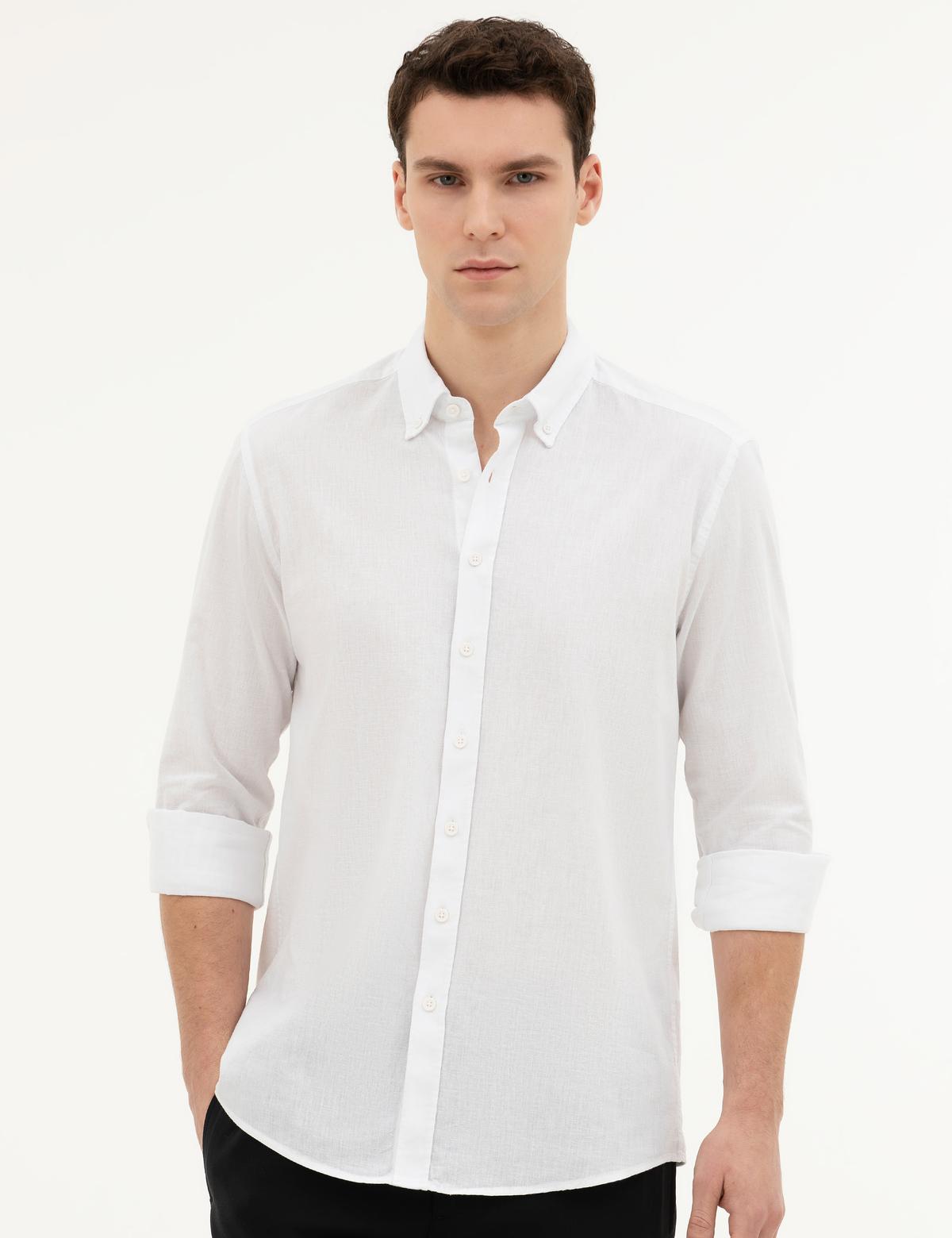 Beyaz Keten Karışımlı Regular Fit Uzun Kollu Gömlek - 50284168135