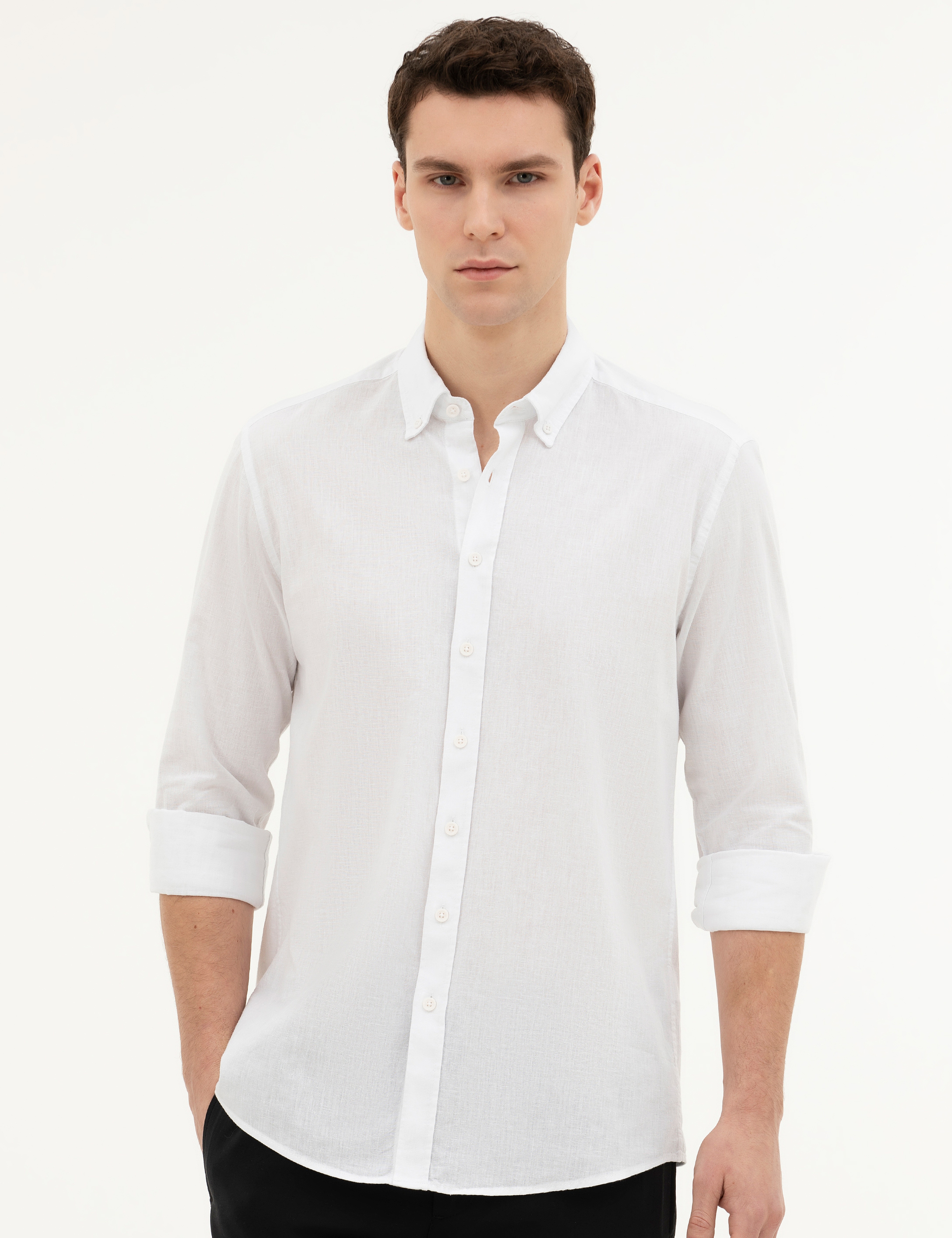 Beyaz Keten Karışımlı Regular Fit Uzun Kollu Gömlek - Image 3