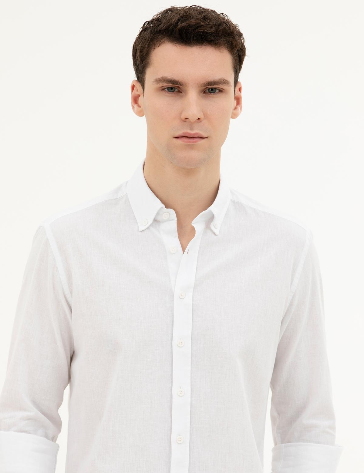 Beyaz Keten Karışımlı Regular Fit Uzun Kollu Gömlek - 50284168135