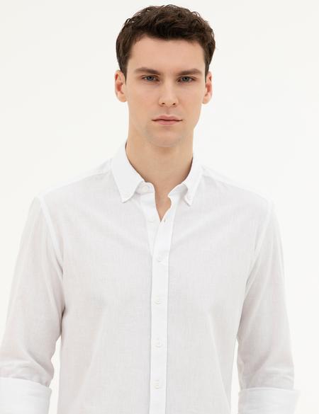 Beyaz Keten Karışımlı Regular Fit Uzun Kollu Gömlek - 50284168135
