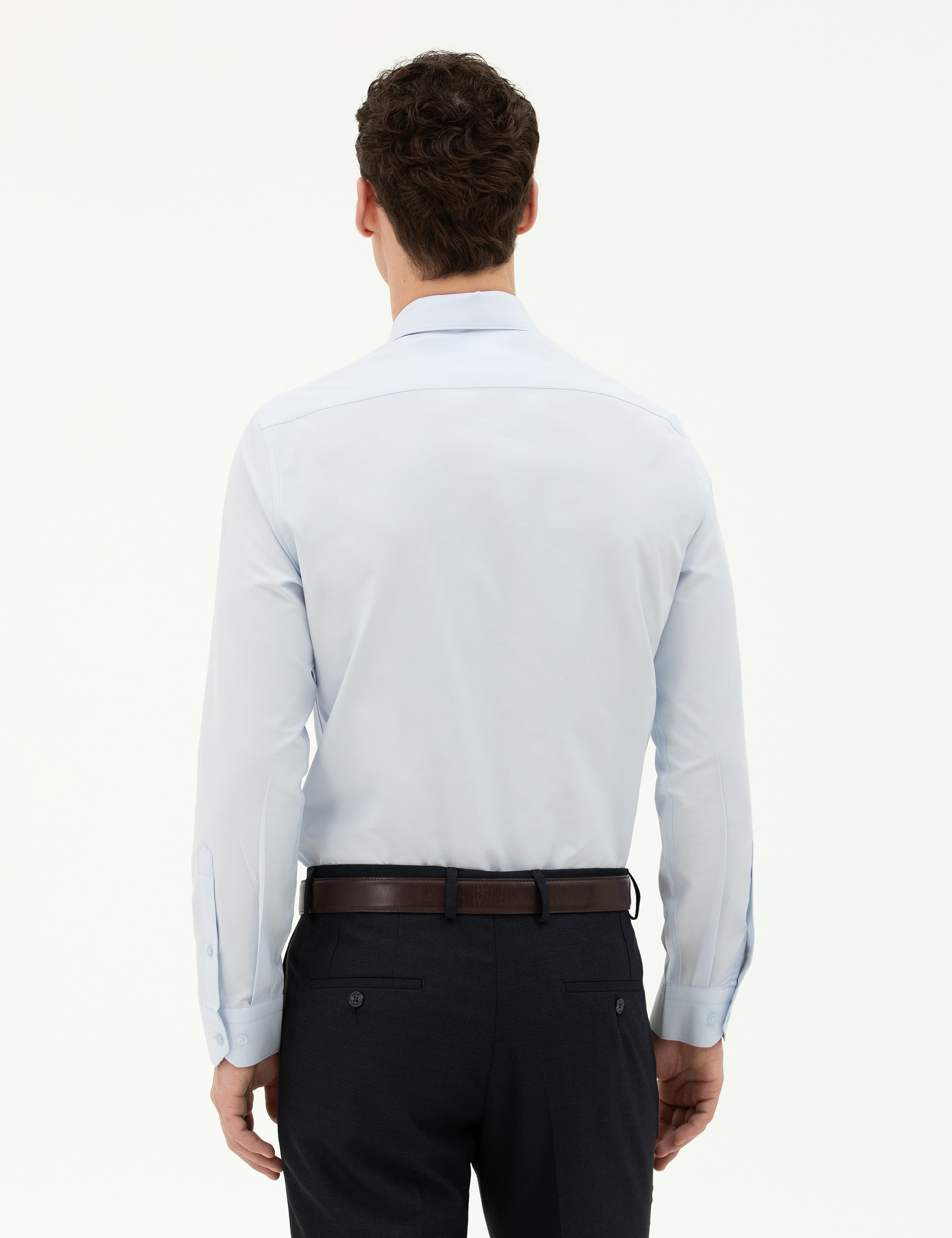 Açık Mavi Slim Fit Uzun Kollu Basic Gömlek - Image 5