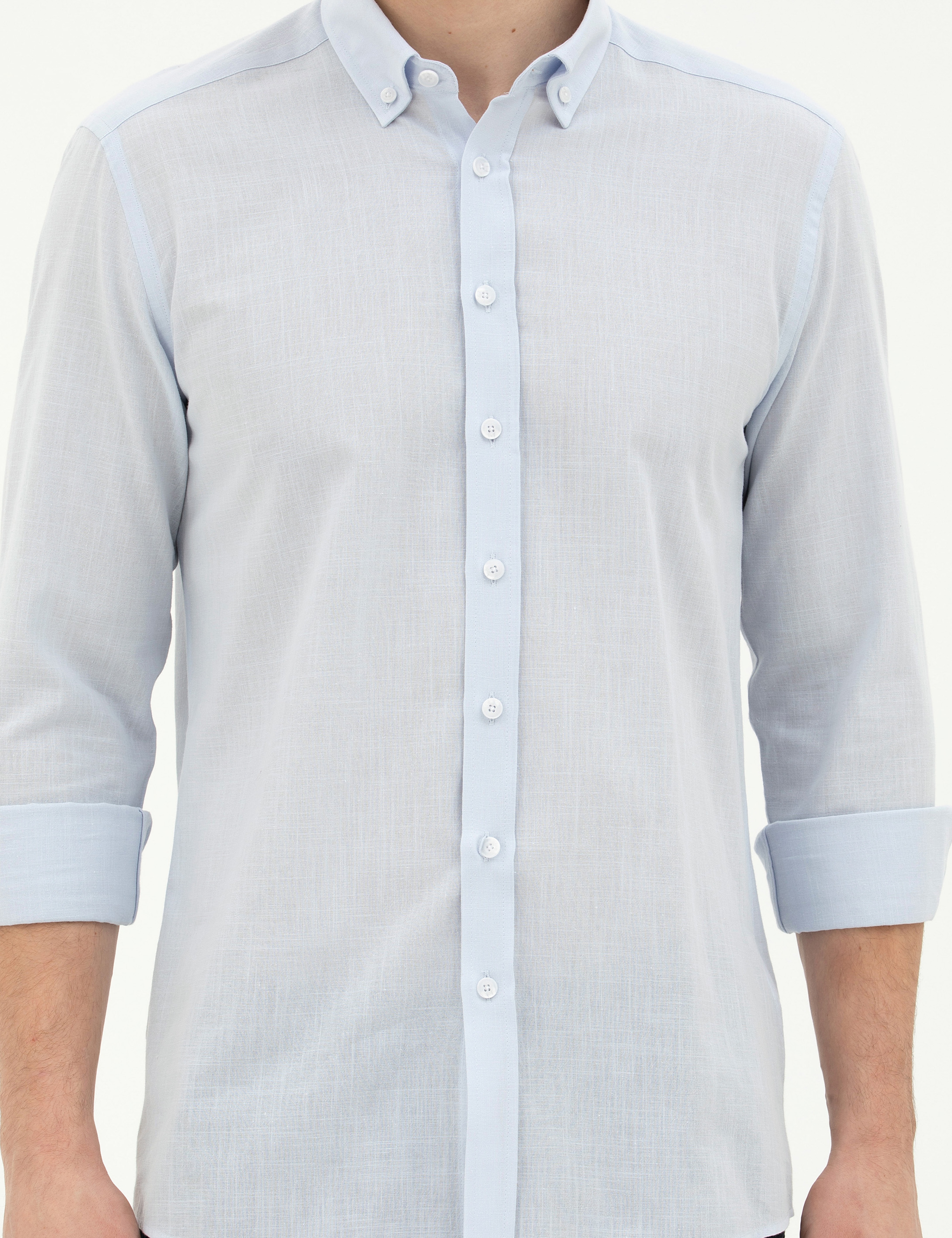 Açık Mavi Slim Fit Uzun Kollu Gömlek - Image 6
