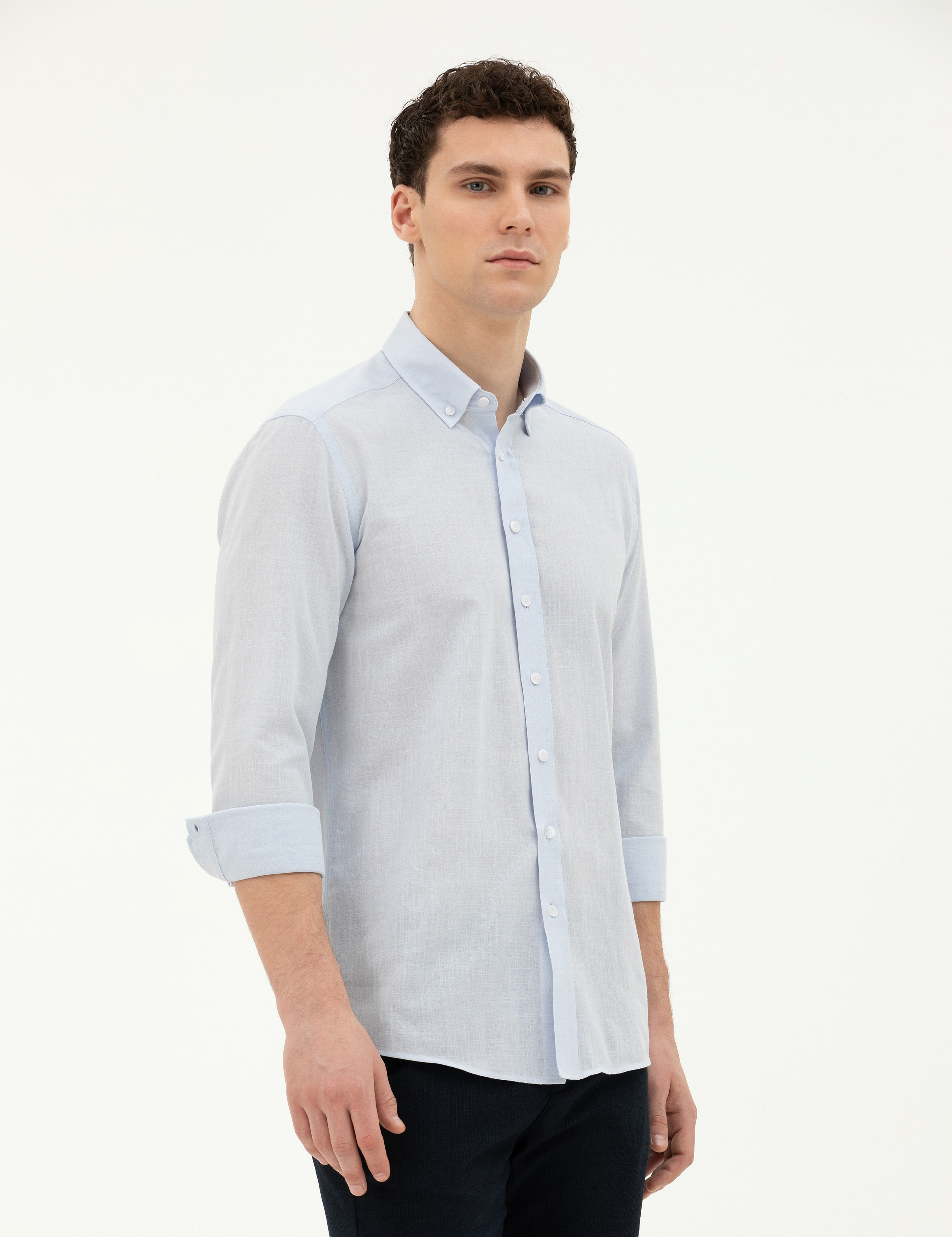Açık Mavi Slim Fit Uzun Kollu Gömlek - Image 3