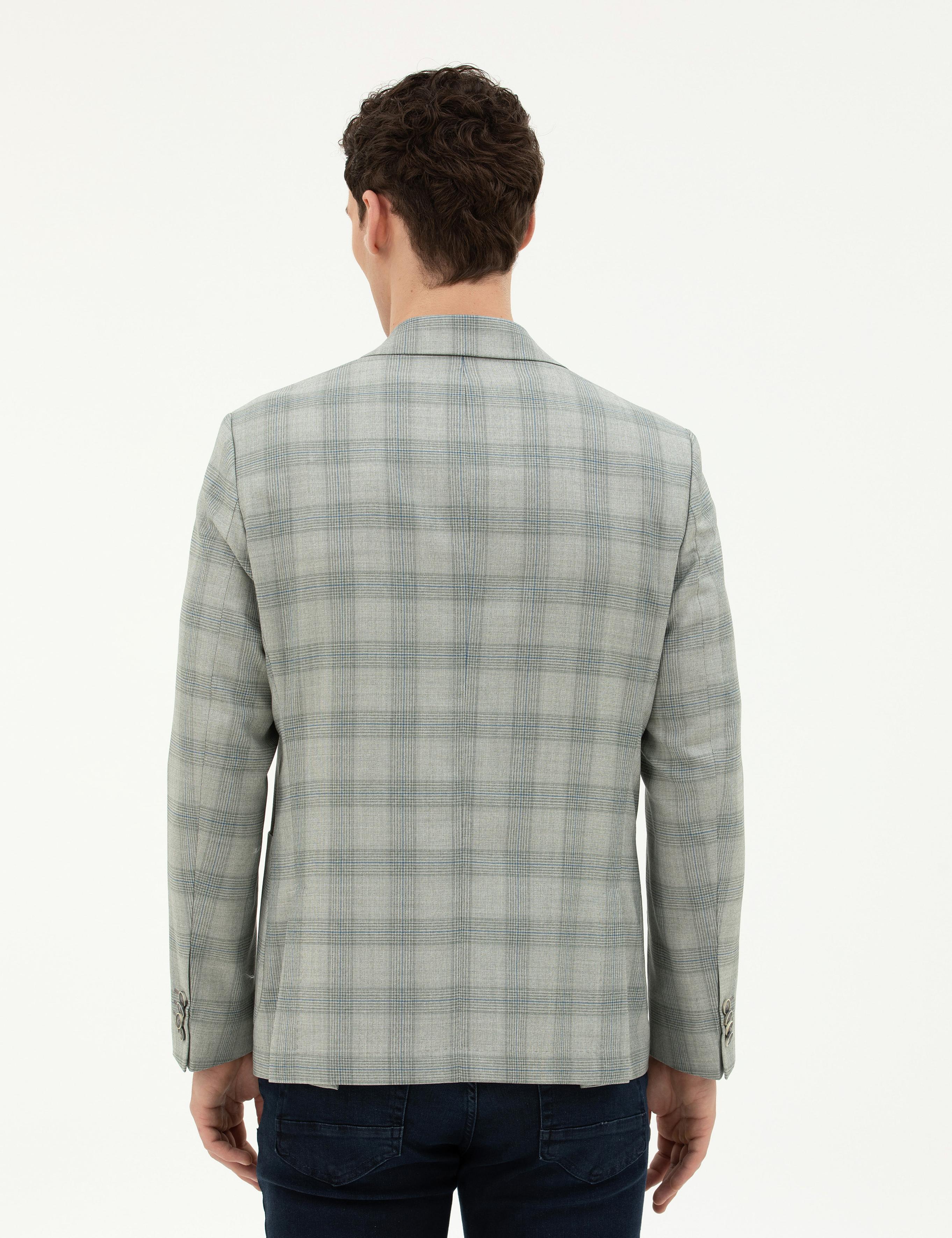 Açık Yeşil Slim Fit %100 Yün Ekose Ceket