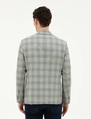 Açık Yeşil Slim Fit %100 Yün Ekose Ceket