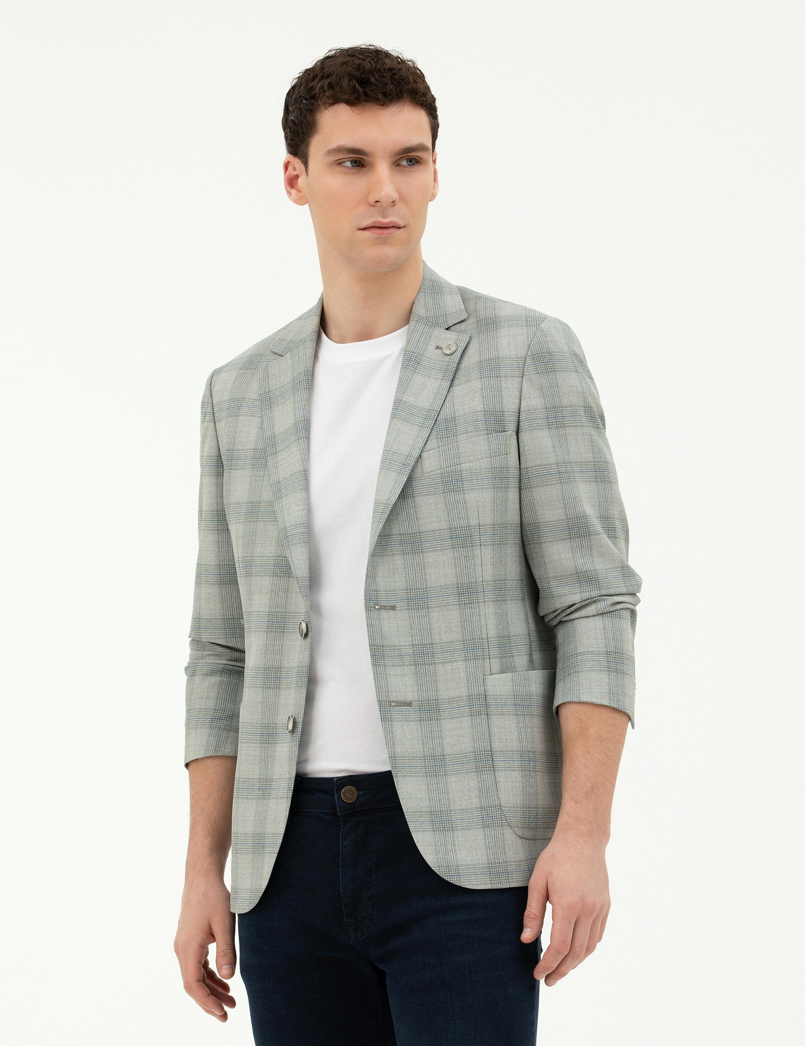 Açık Yeşil Slim Fit %100 Yün Ekose Ceket