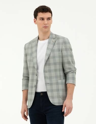 Açık Yeşil Slim Fit %100 Yün Ekose Ceket