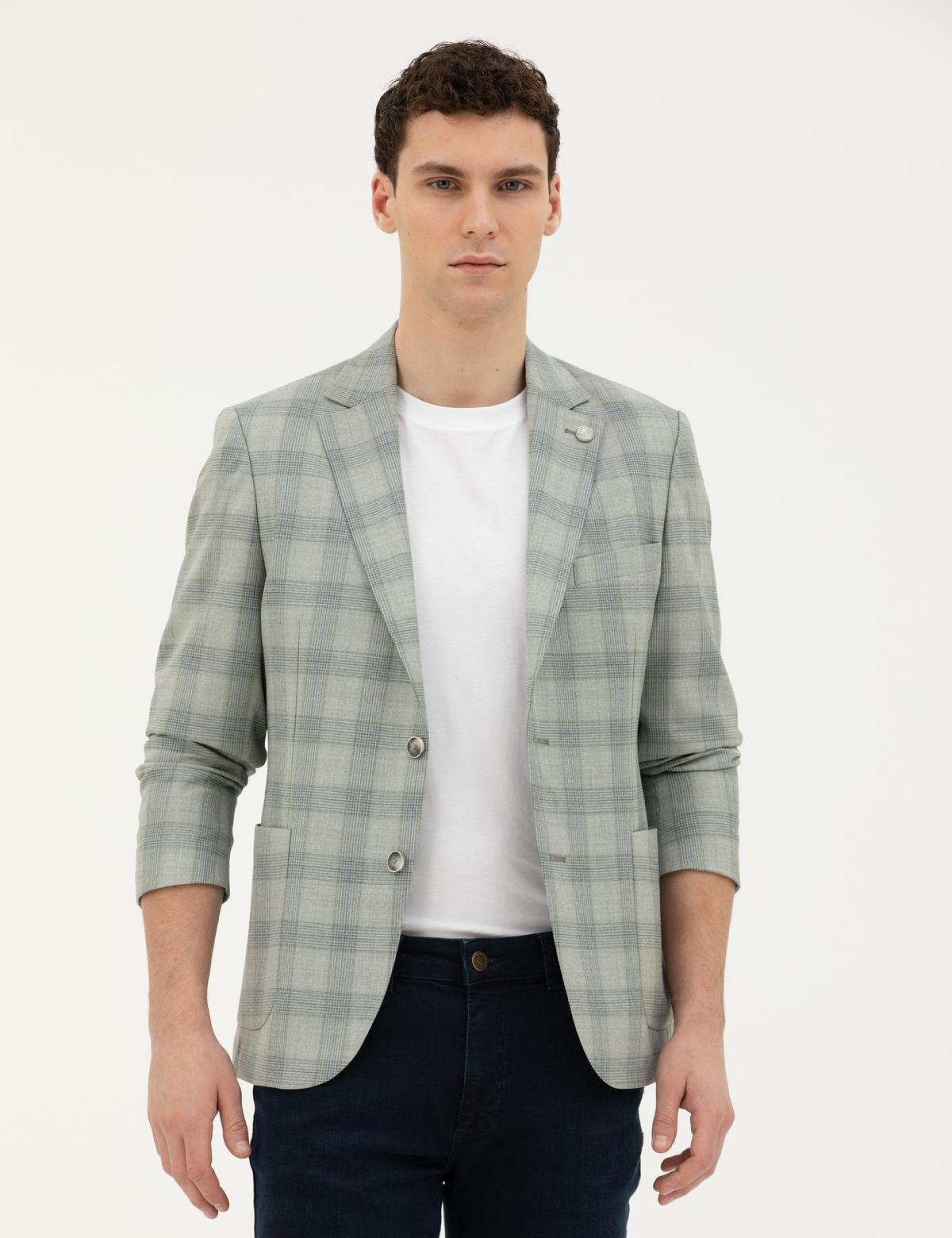 Açık Yeşil Slim Fit %100 Yün Ekose Ceket - 50284963023