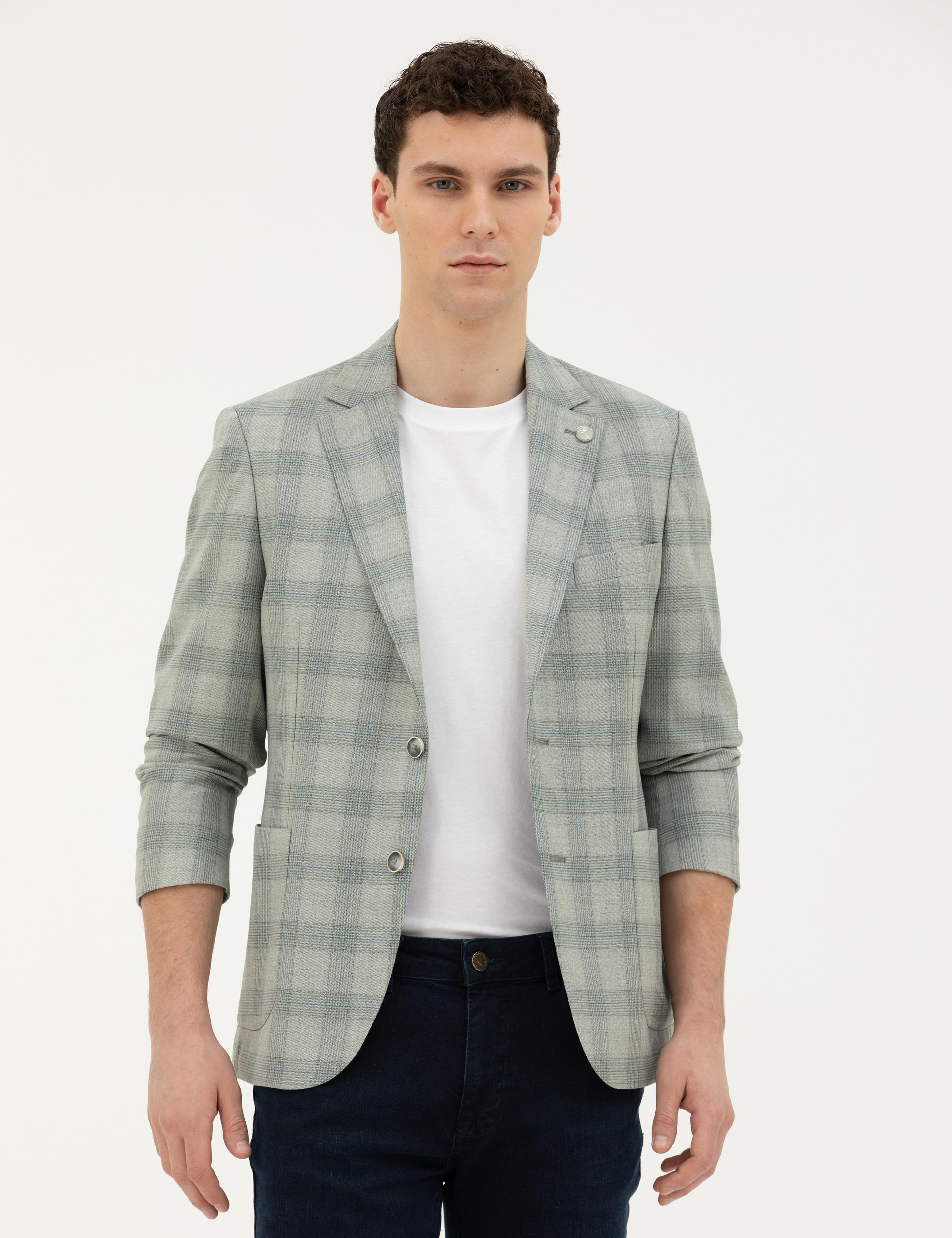 Açık Yeşil Slim Fit %100 Yün Ekose Ceket