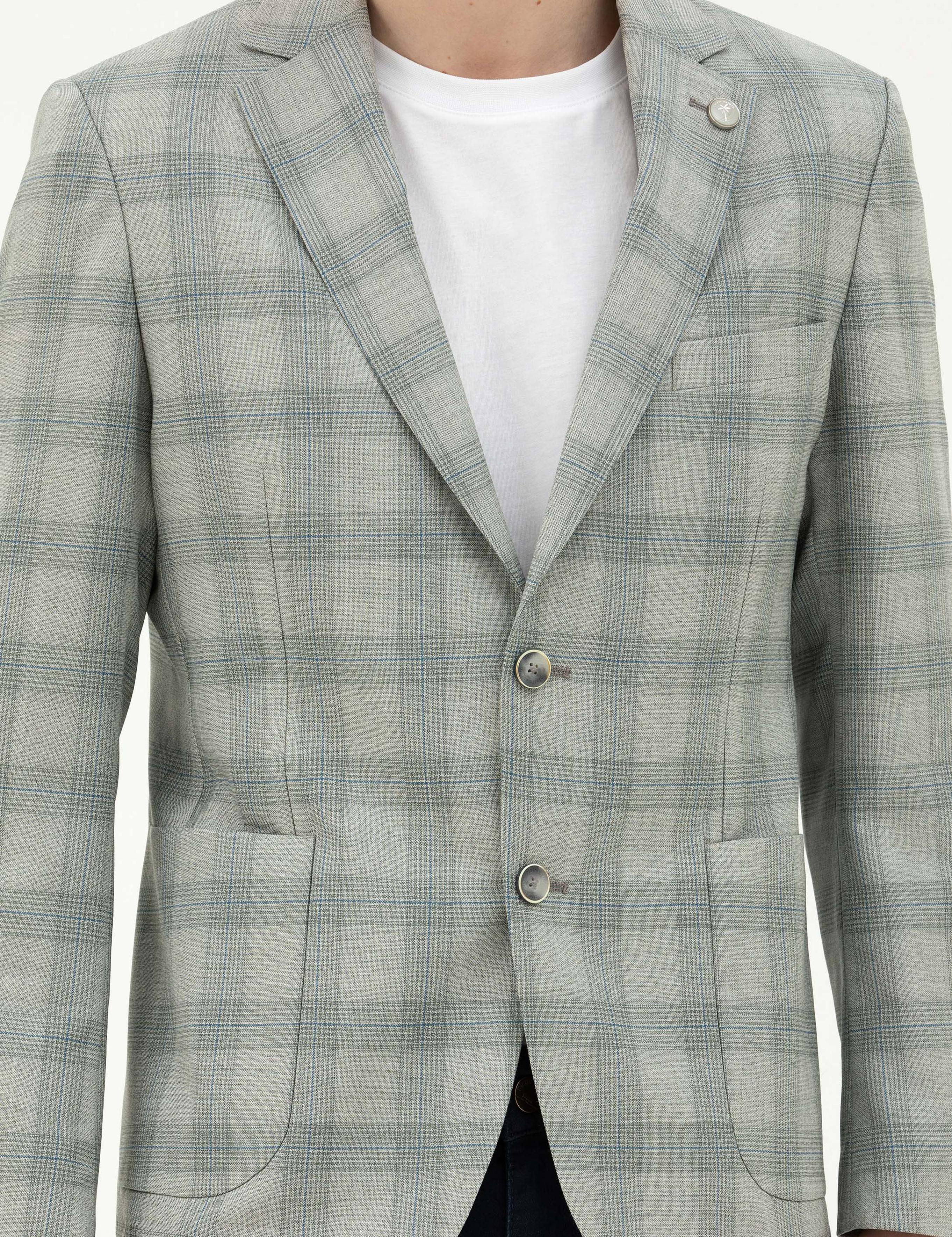 Açık Yeşil Slim Fit %100 Yün Ekose Ceket