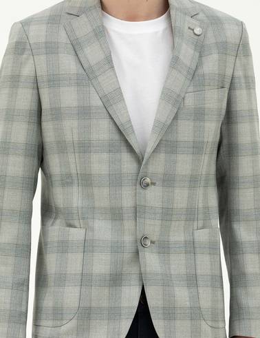 Açık Yeşil Slim Fit %100 Yün Ekose Ceket