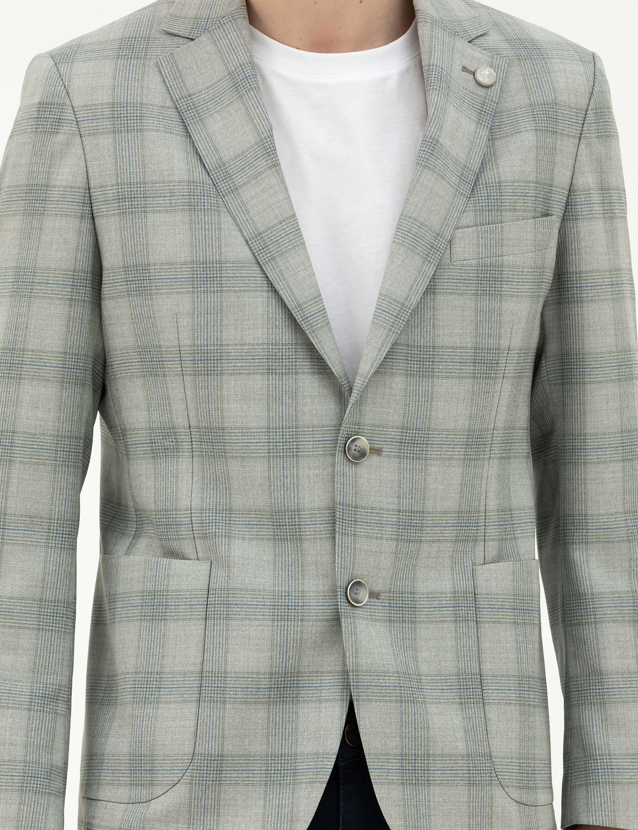 Açık Yeşil Slim Fit %100 Yün Ekose Ceket