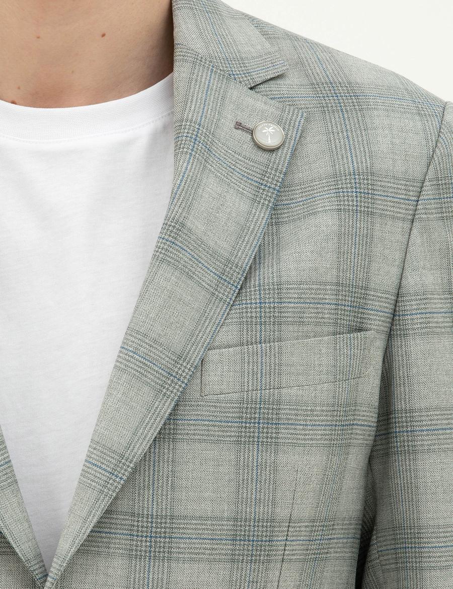 Açık Yeşil Slim Fit %100 Yün Ekose Ceket