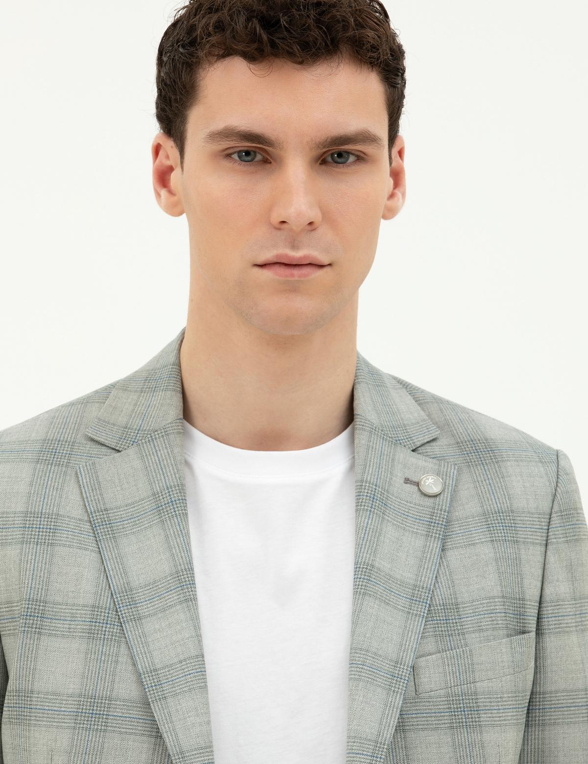 Açık Yeşil Slim Fit %100 Yün Ekose Ceket - 50284963023