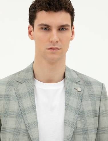 Açık Yeşil Slim Fit %100 Yün Ekose Ceket