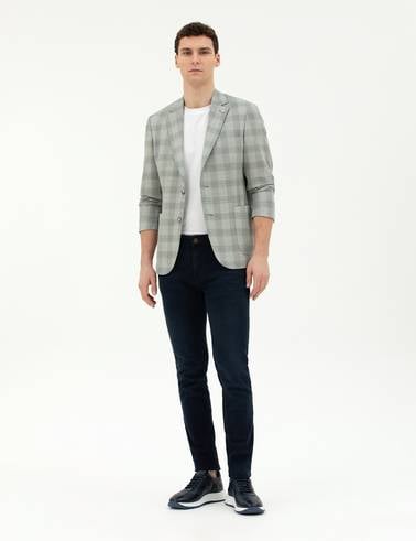 Açık Yeşil Slim Fit %100 Yün Ekose Ceket