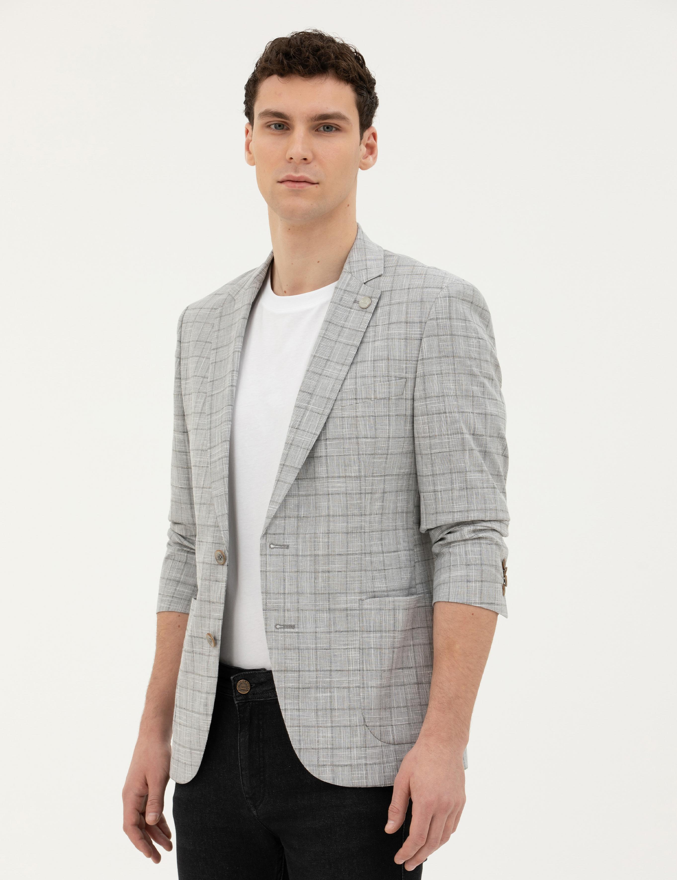 Gri Ex. Slim Fit Yün Karışımlı Ceket