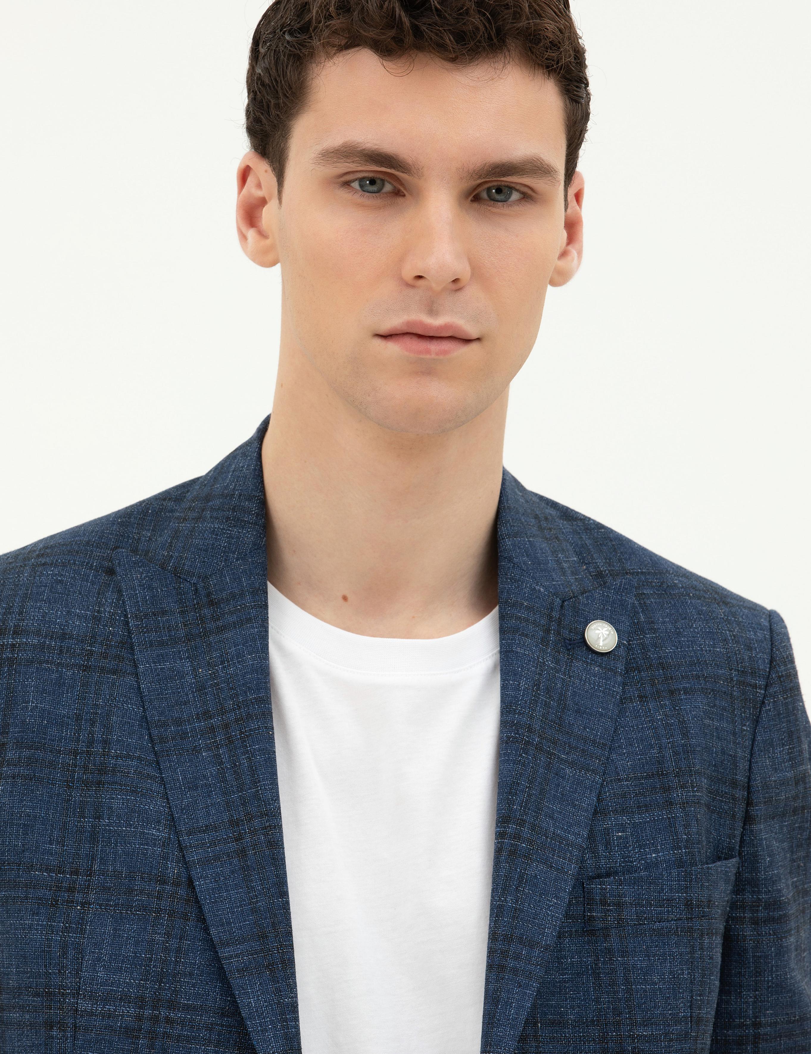 Lacivert Slim Fit Yün Karışımlı Ceket