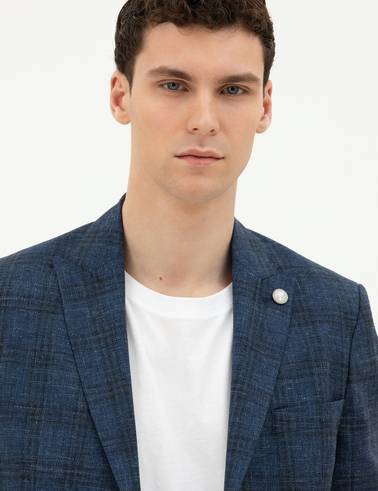 Lacivert Slim Fit Yün Karışımlı Ceket