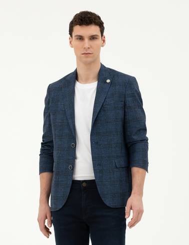 Lacivert Slim Fit Yün Karışımlı Ceket