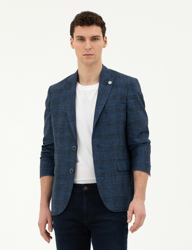 Lacivert Slim Fit Yün Karışımlı Ceket