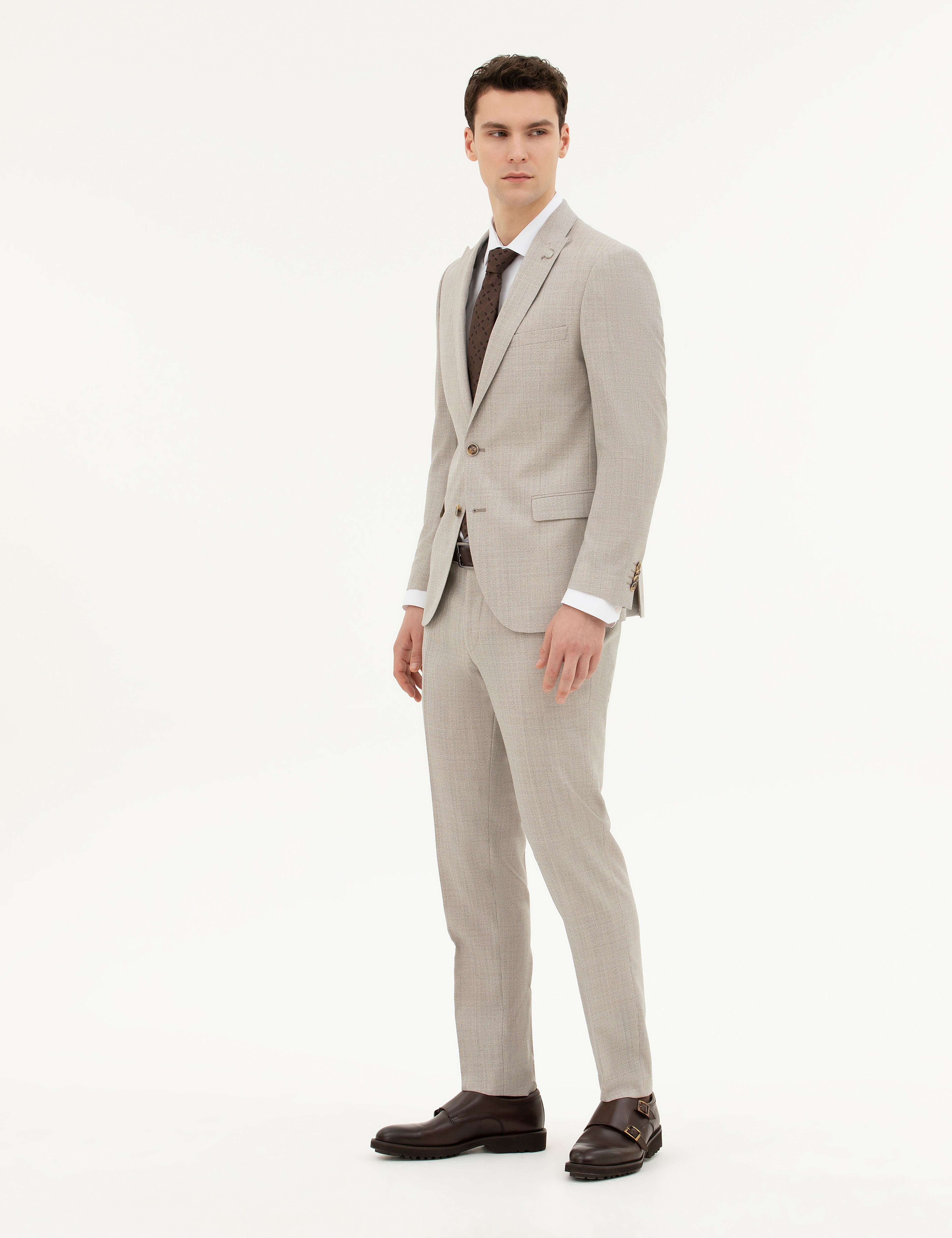 Bej Extra Slim Fit Yün Takım Elbise - Image 4