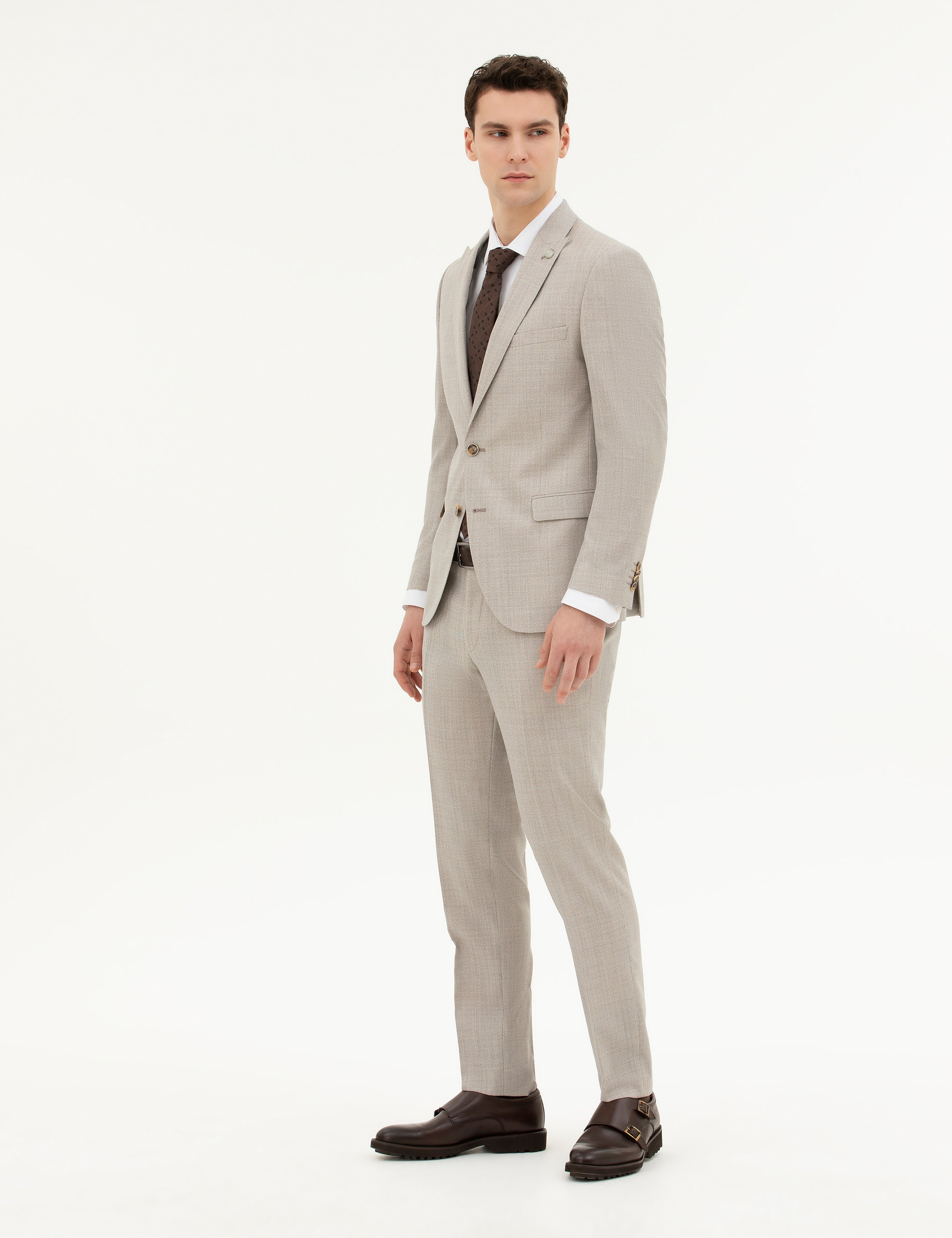 Bej Extra Slim Fit Yün Takım Elbise