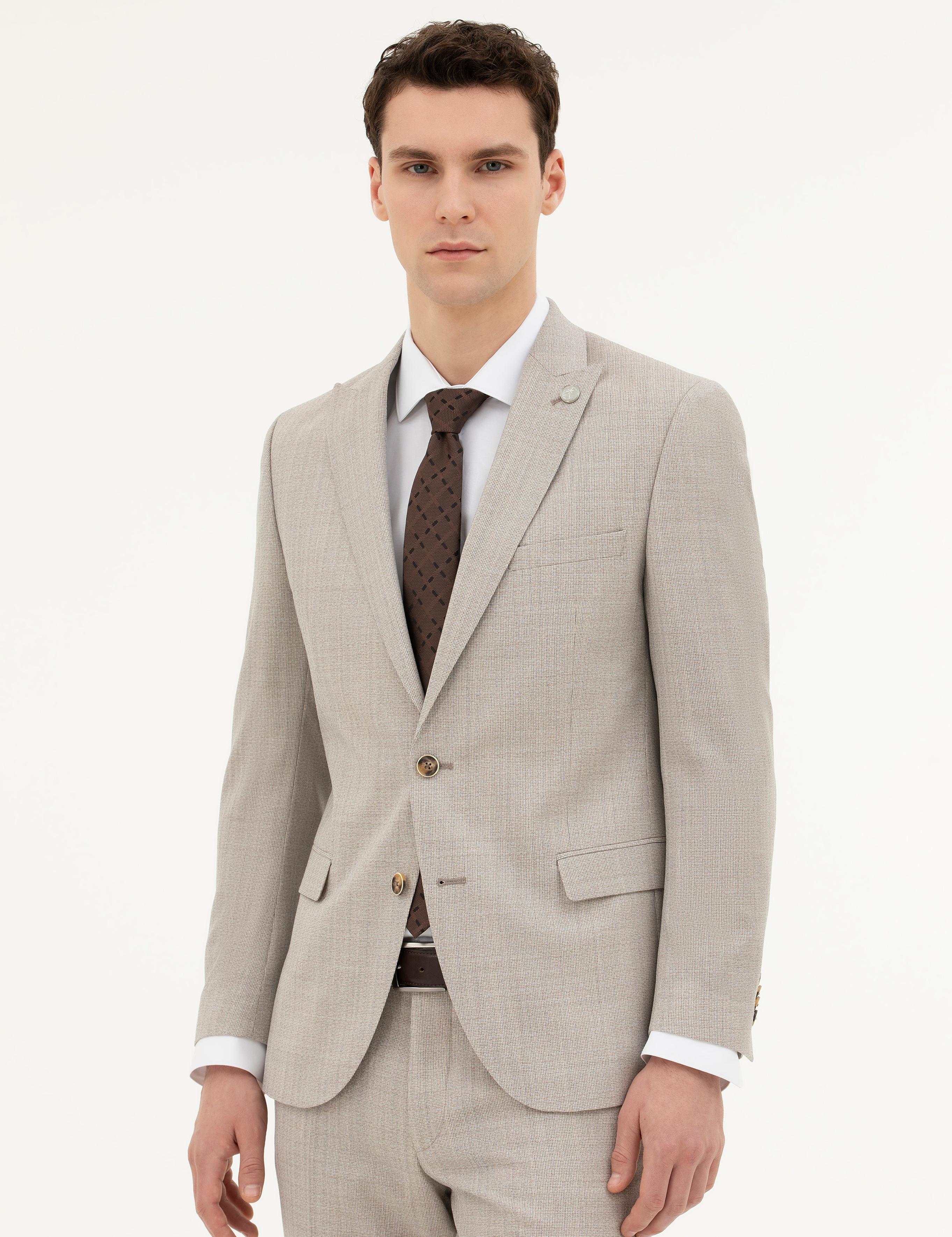 Bej Ex. Slim Fit Yün Takım Elbise