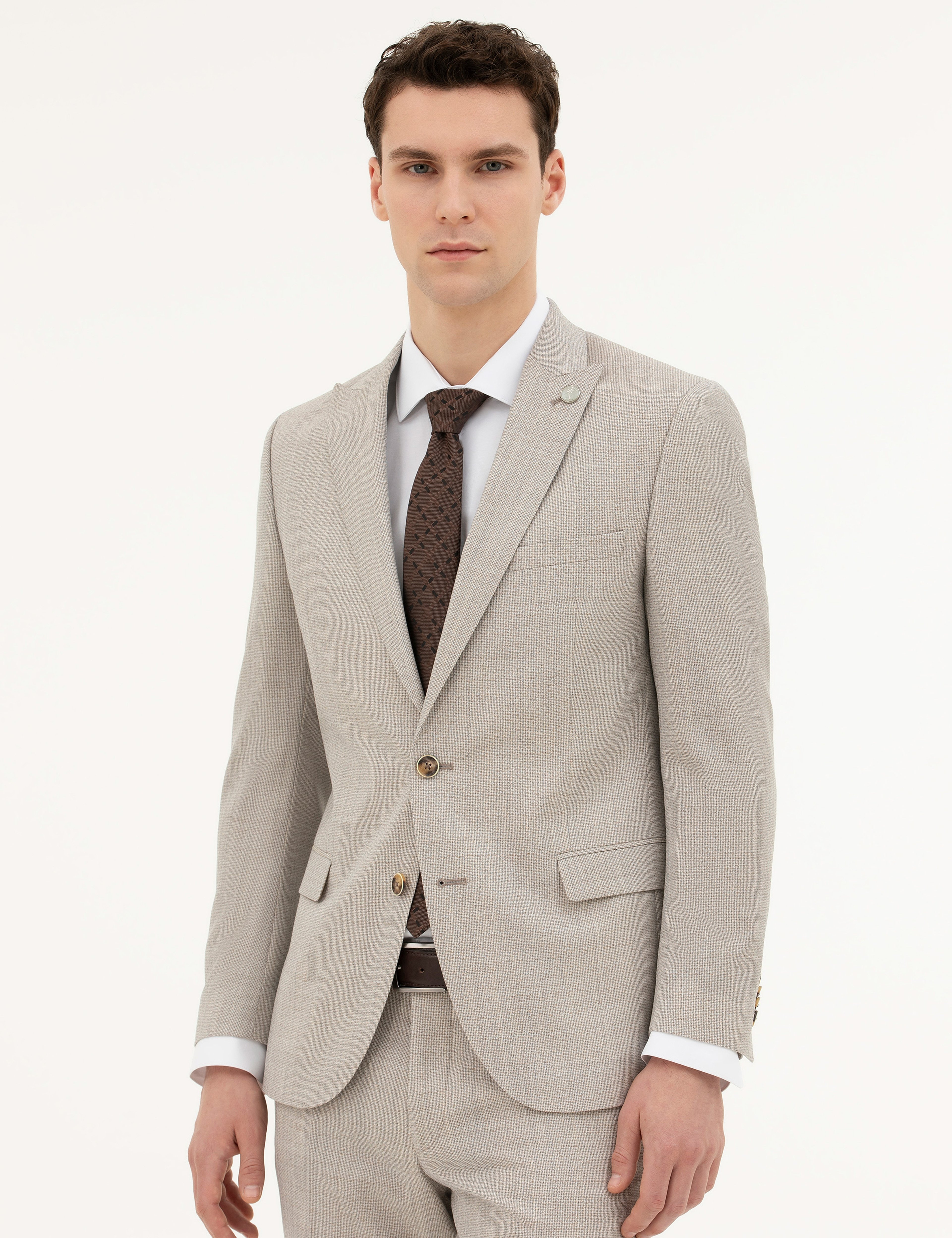 Bej Extra Slim Fit Yün Takım Elbise