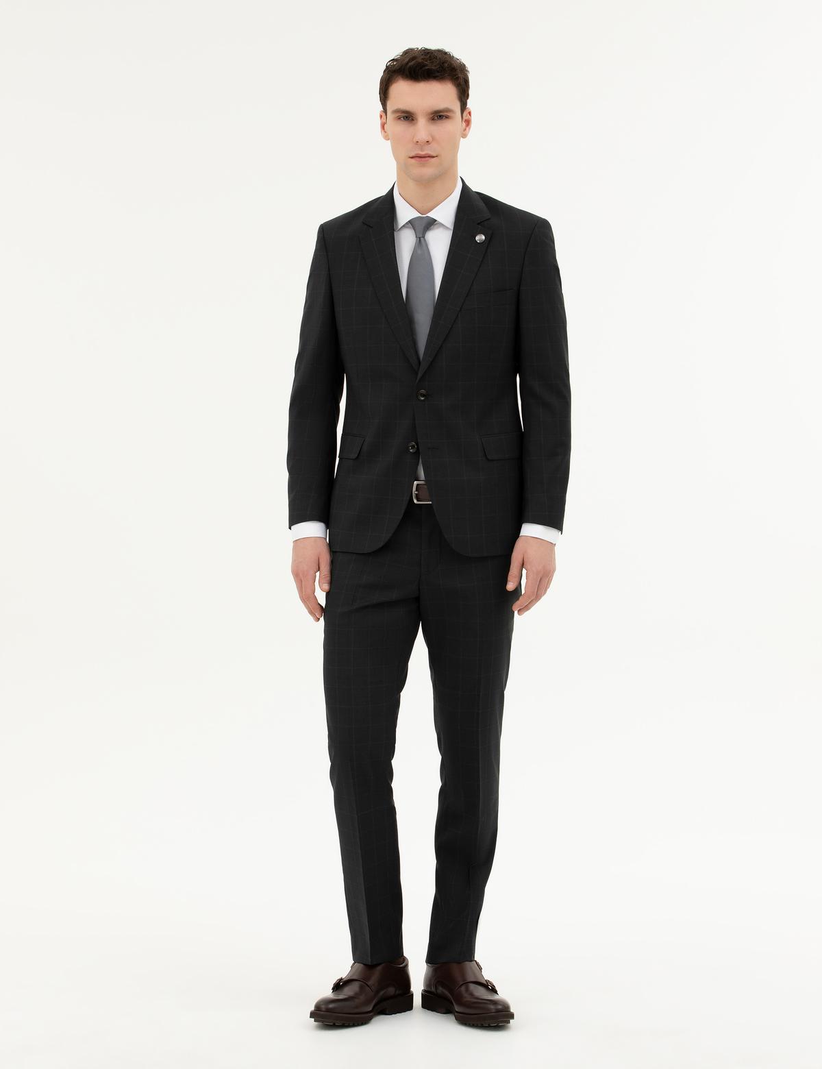 Siyah Slim Fit %100 Yün Ekose Takım Elbise - 50285258062