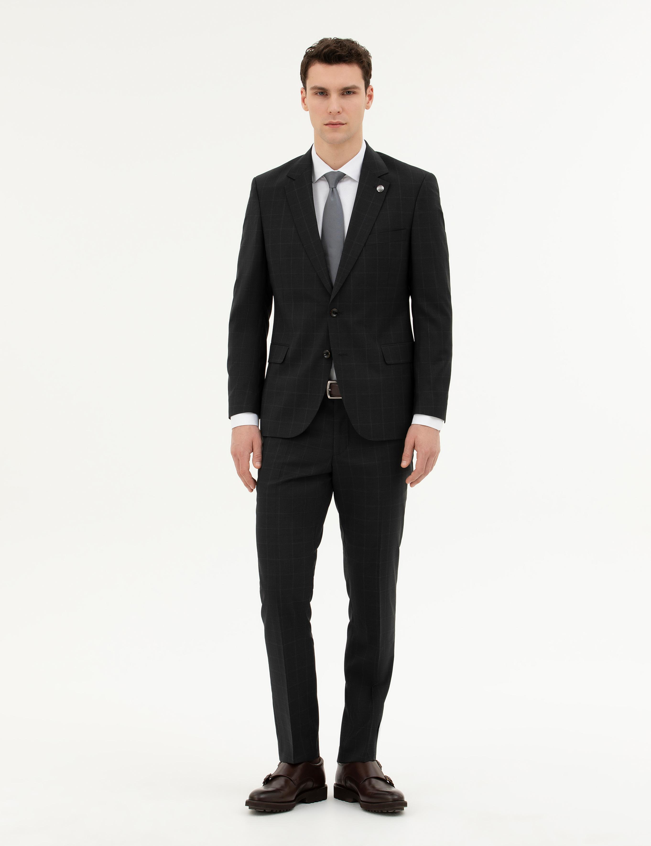 Siyah Slim Fit %100 Yün Ekose Takım Elbise