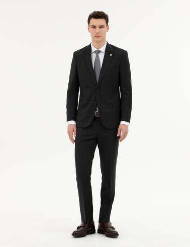 Siyah Slim Fit %100 Yün Ekose Takım Elbise