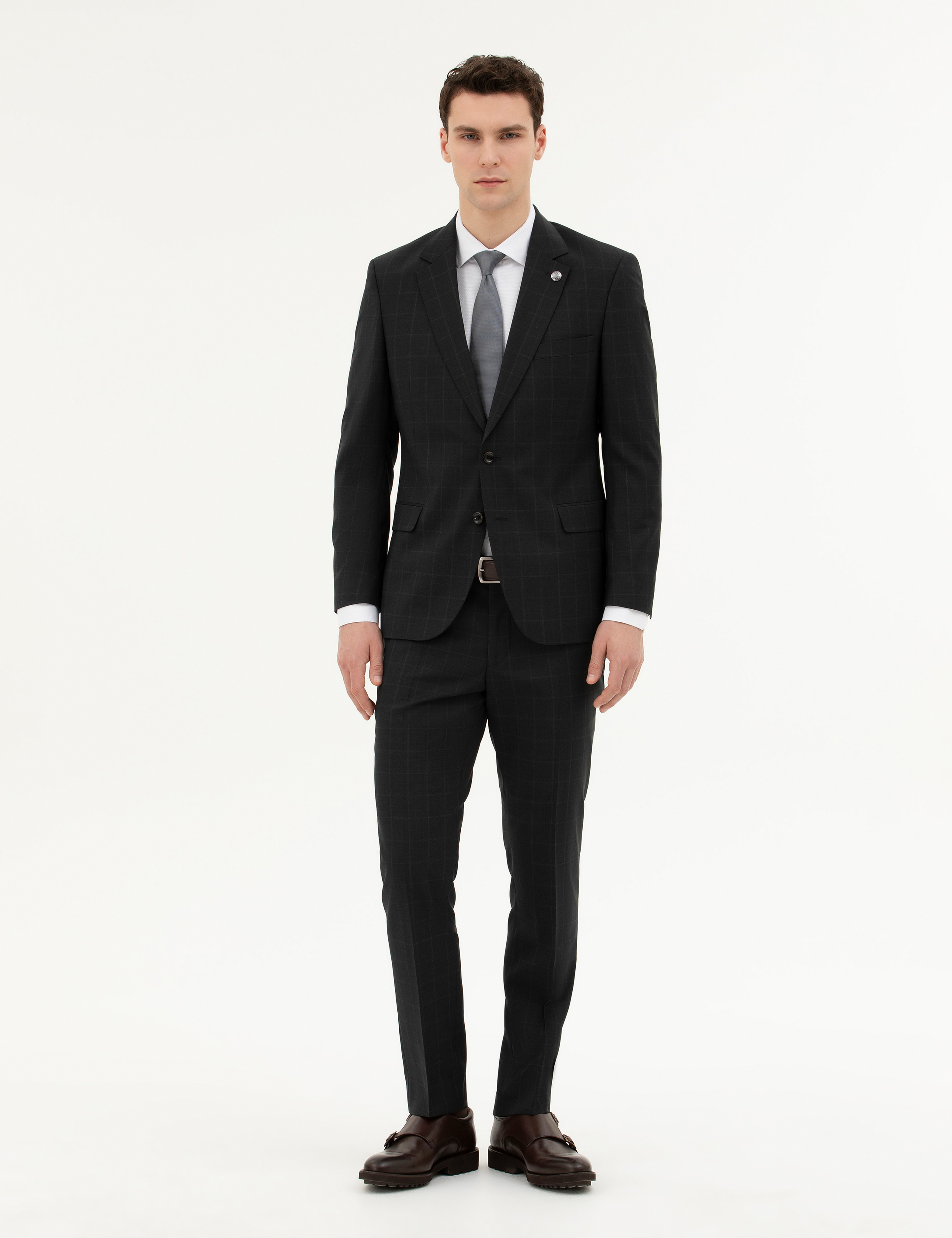 Siyah Slim Fit %100 Yün Ekose Takım Elbise