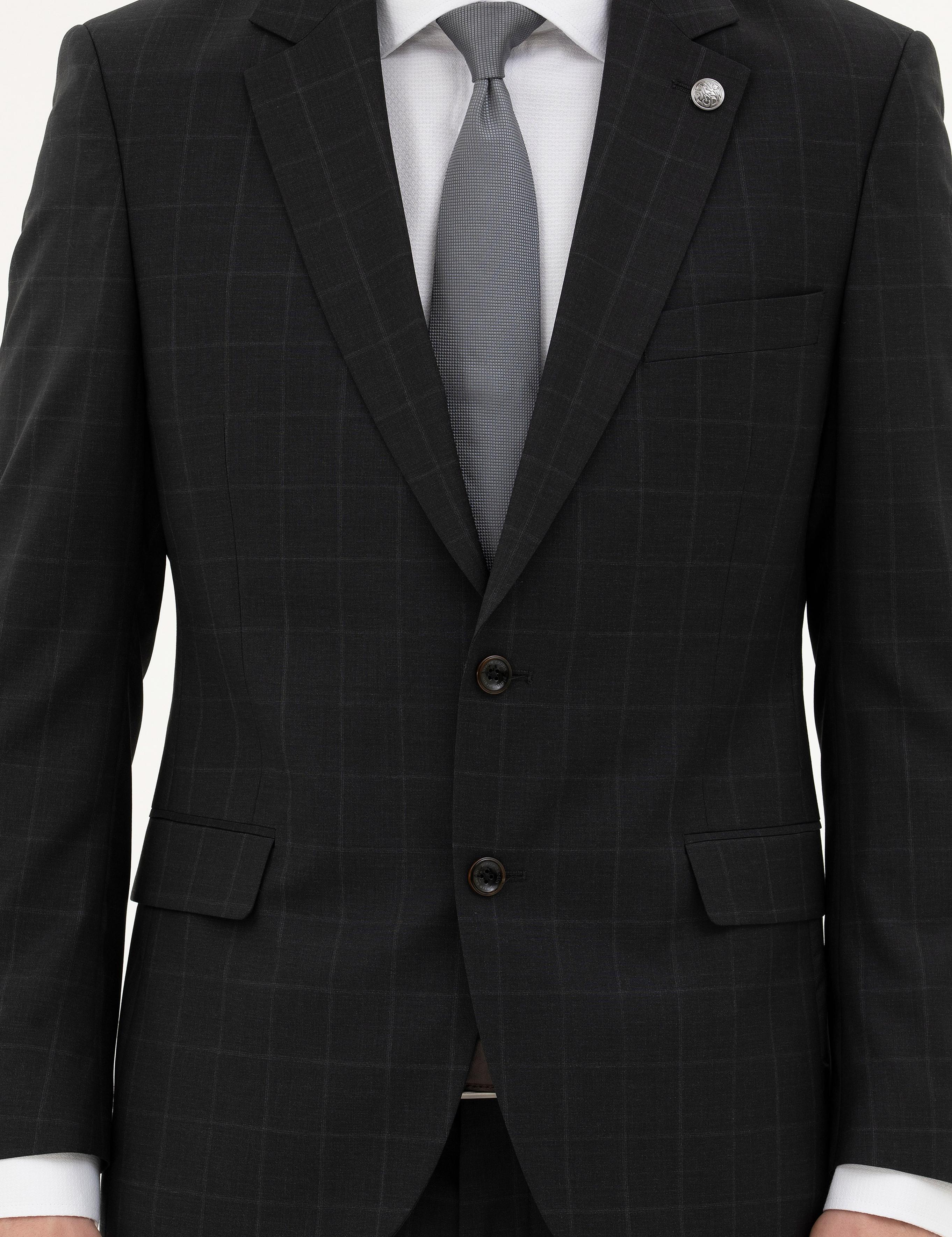 Siyah Slim Fit %100 Yün Ekose Takım Elbise