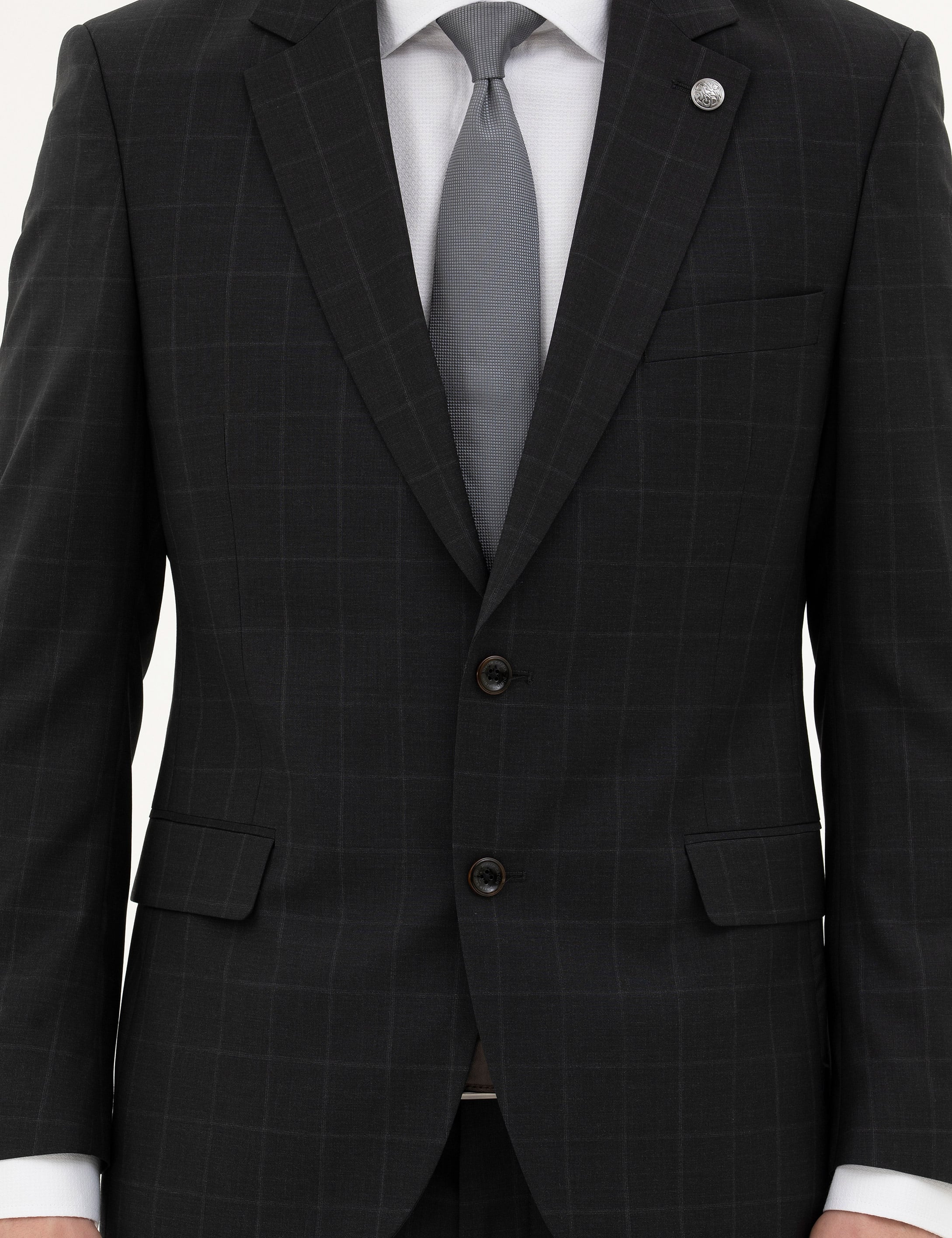 Siyah Slim Fit %100 Yün Ekose Takım Elbise