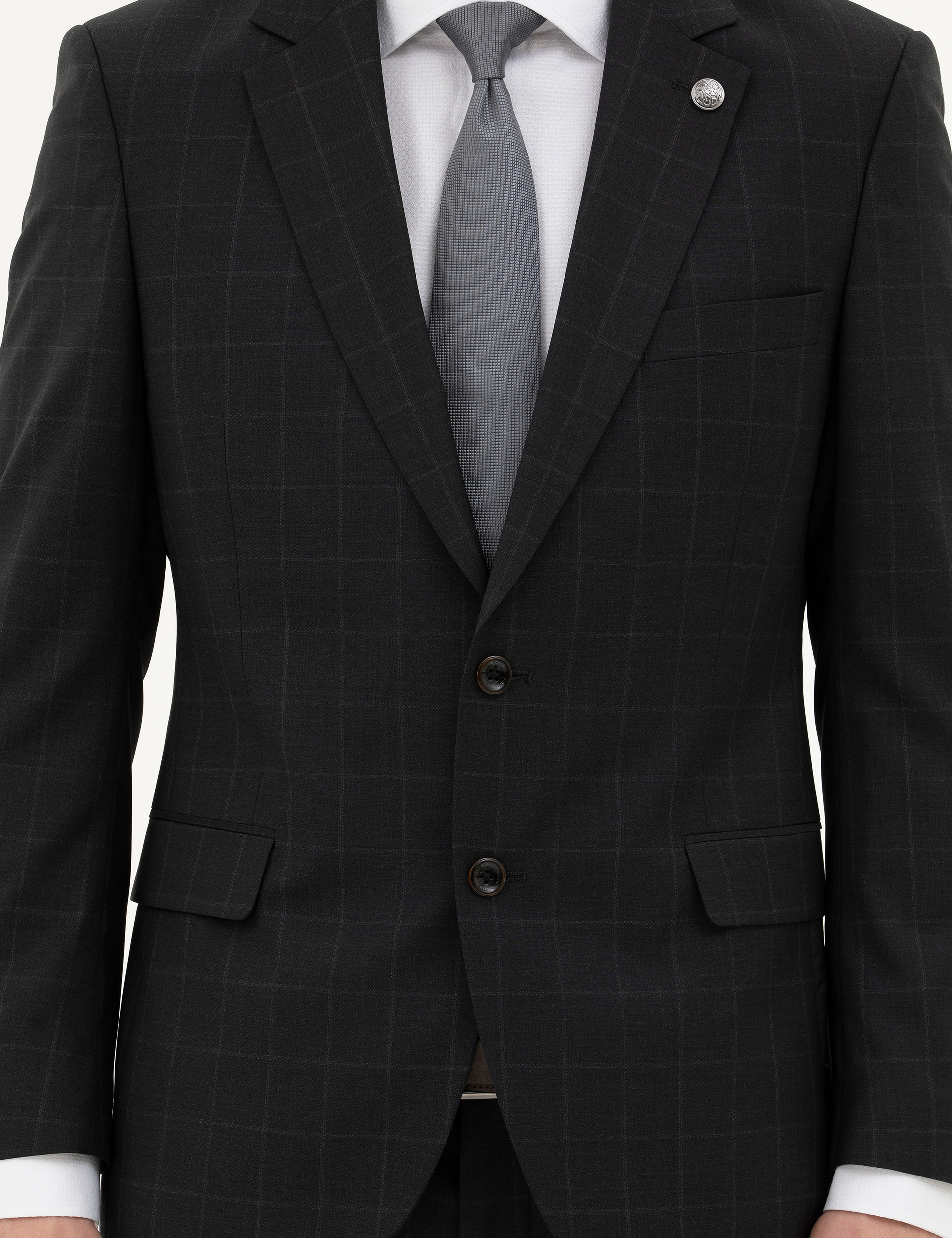 Siyah Slim Fit %100 Yün Ekose Takım Elbise