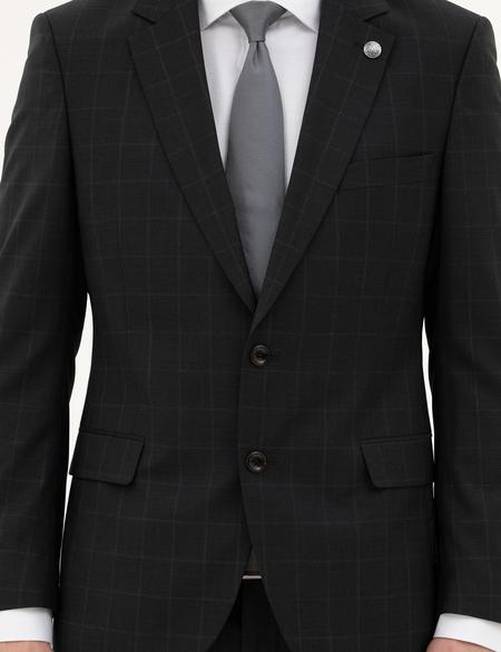 Siyah Slim Fit %100 Yün Ekose Takım Elbise - 50285258062