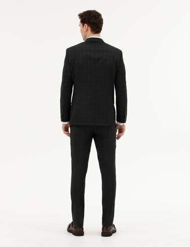 Siyah Slim Fit %100 Yün Ekose Takım Elbise