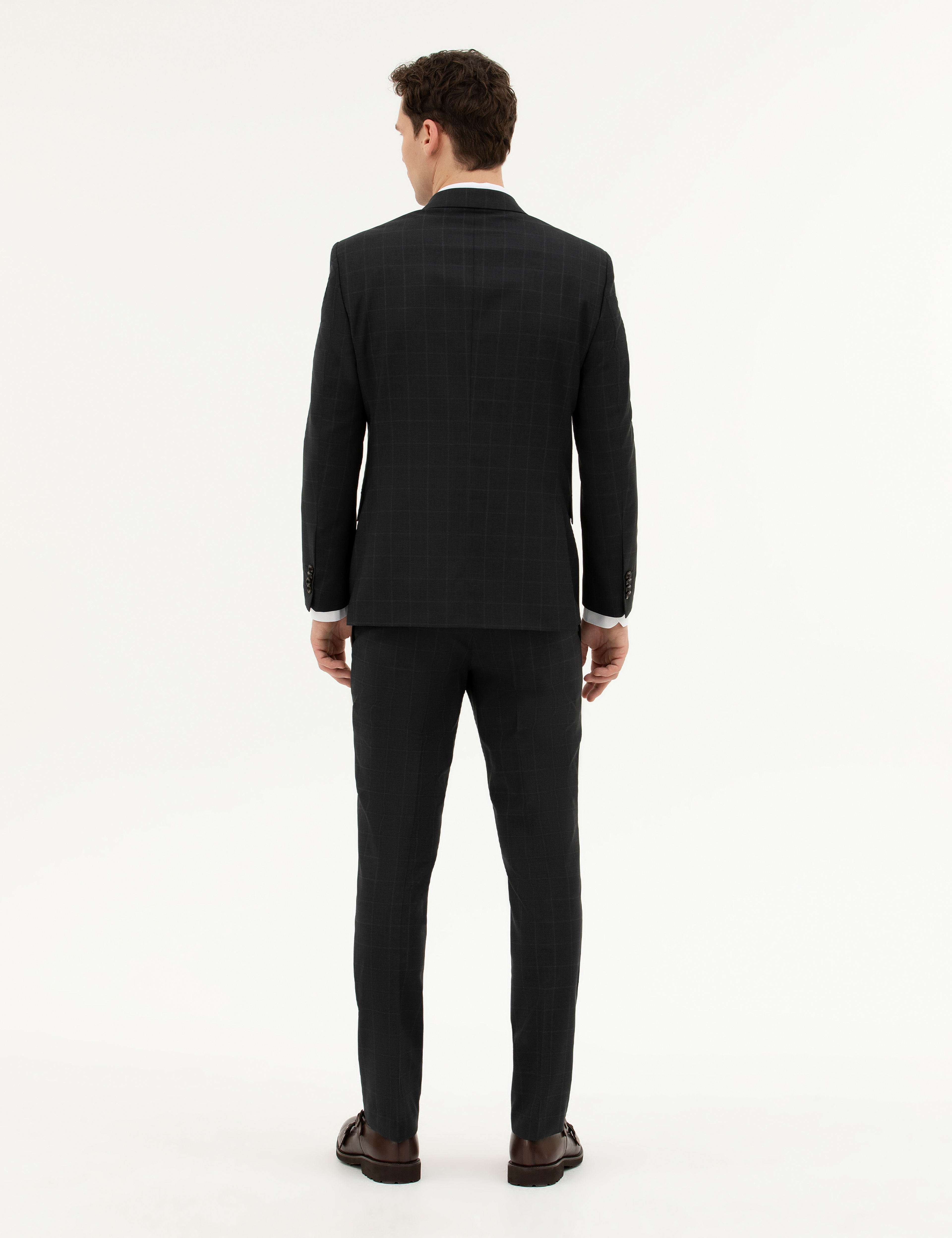 Siyah Slim Fit %100 Yün Ekose Takım Elbise - Image 5
