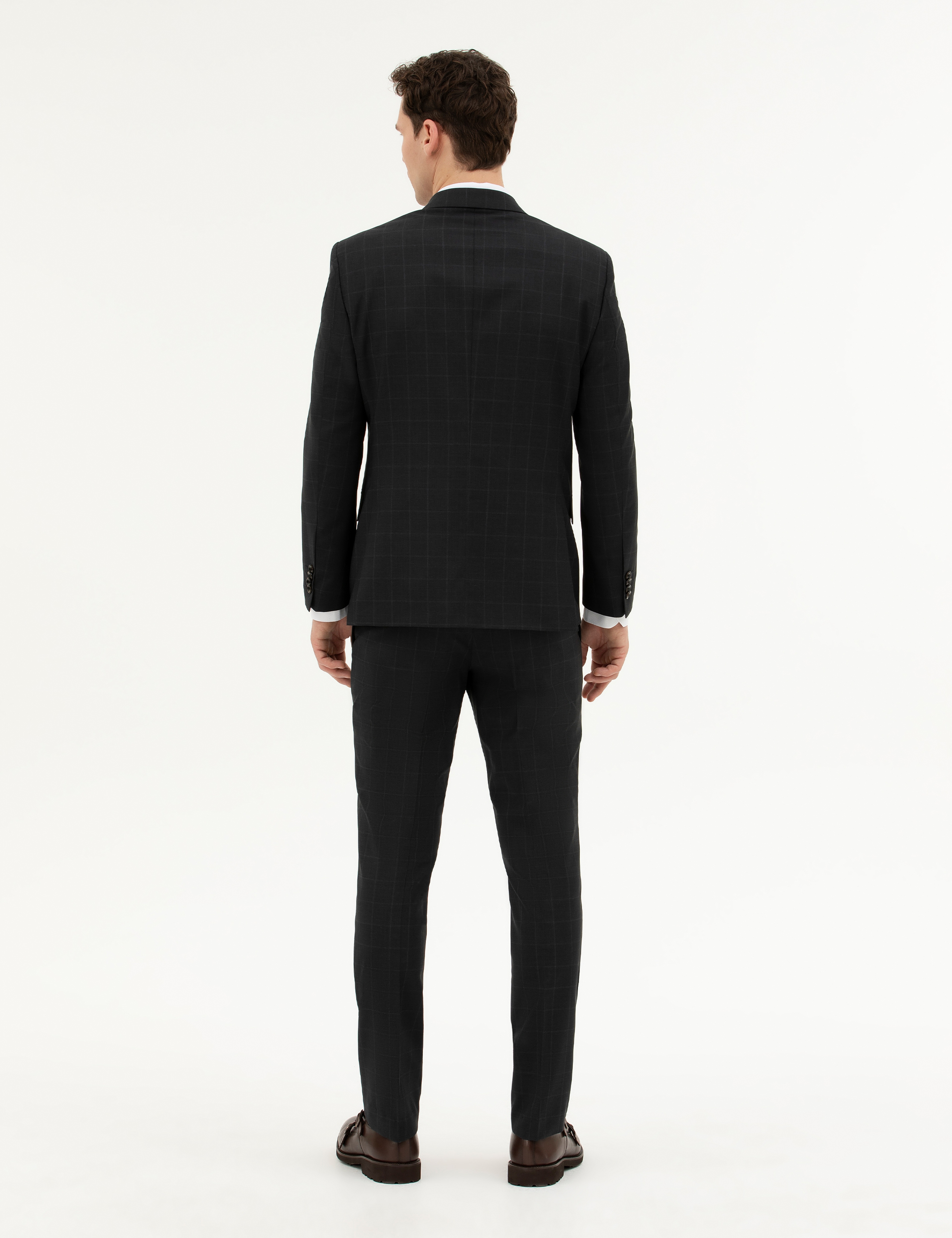 Siyah Slim Fit %100 Yün Ekose Takım Elbise