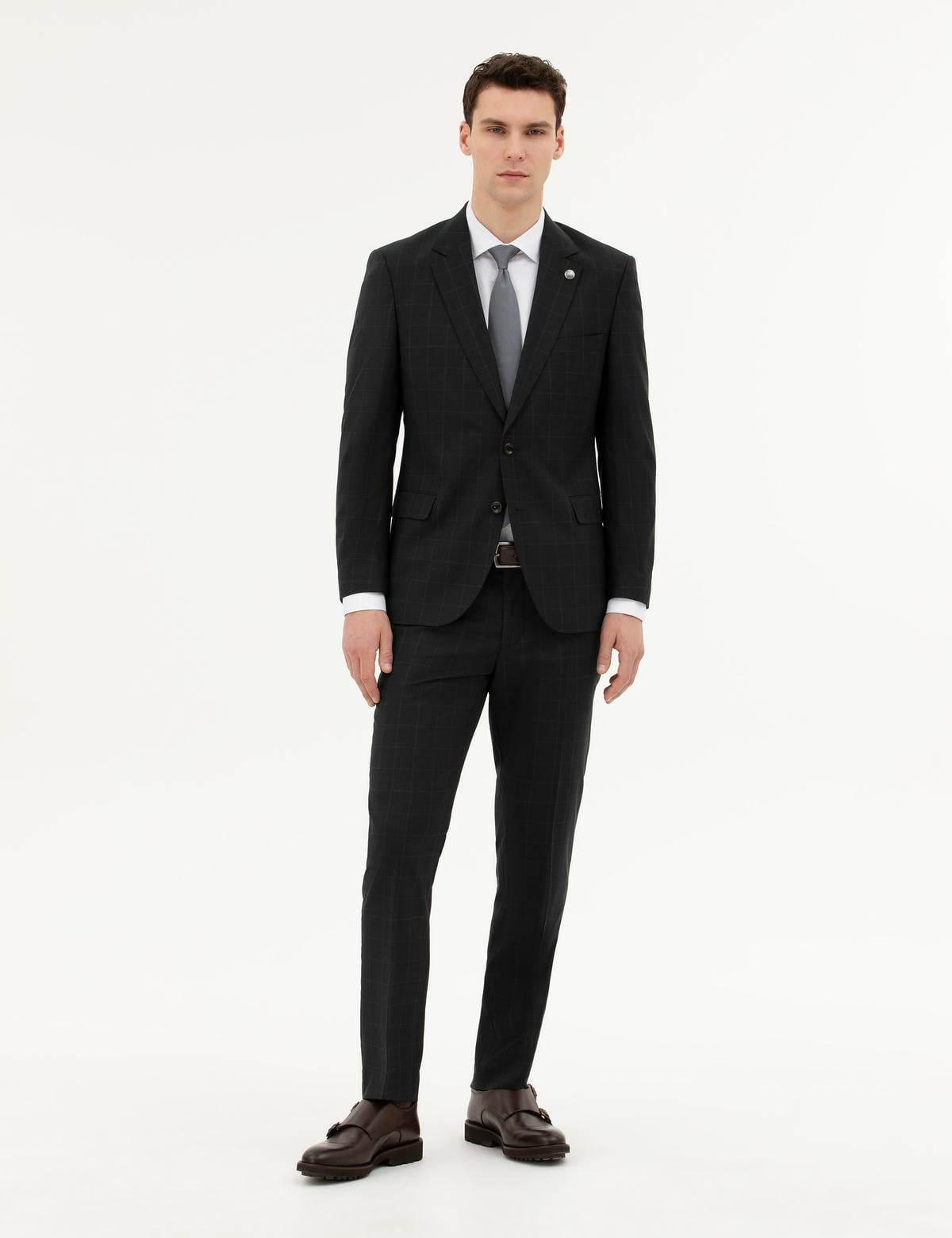 Siyah Slim Fit %100 Yün Ekose Takım Elbise