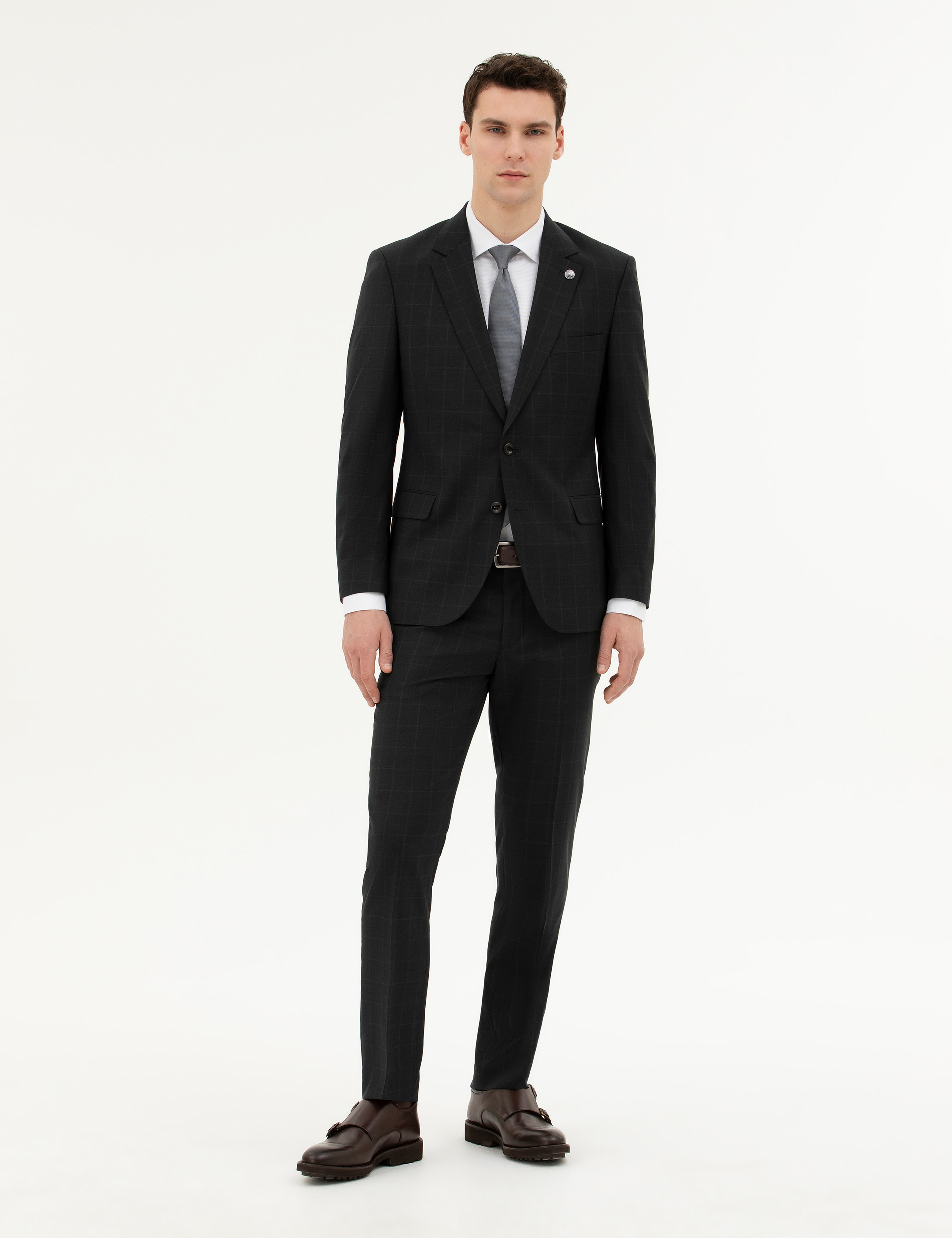 Siyah Slim Fit %100 Yün Ekose Takım Elbise - Image 1