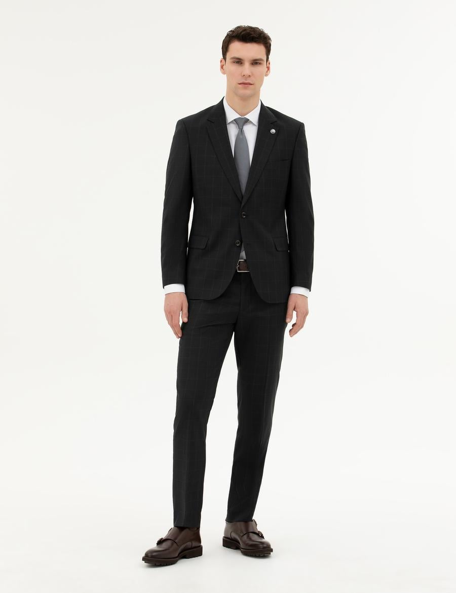 Siyah Slim Fit %100 Yün Ekose Takım Elbise